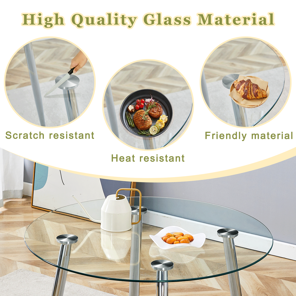 Feature graphic showing the glass tabletop as scratch resistant, heat resistant and food friendly