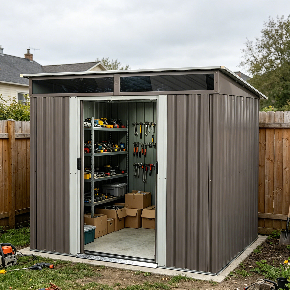 Gray Metal Storage Shed with Lockable Doors, Sloped Roof