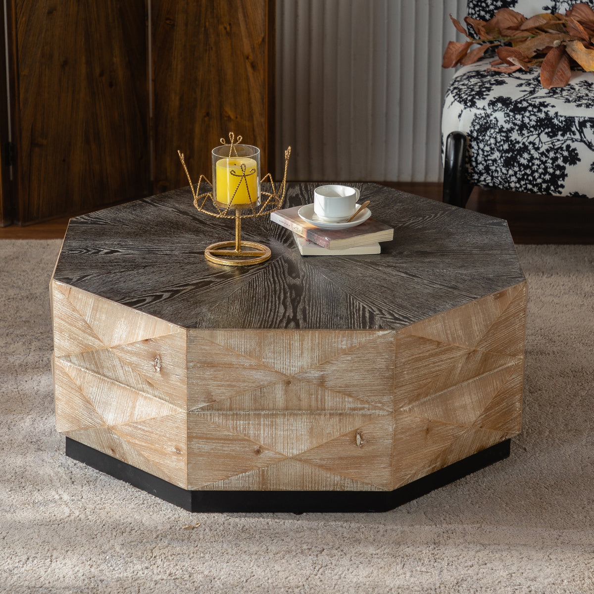Dark Gray and Natural Rustic Octagon Coffee Table, 36.2 in