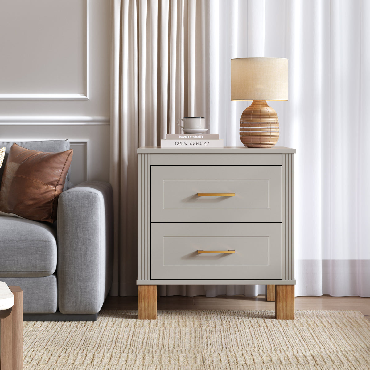 Gray Fluted Nightstand, 2 Drawers with Wood Legs