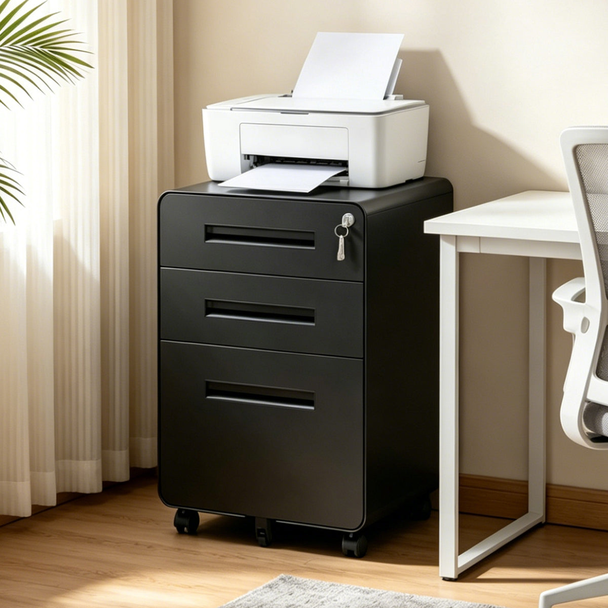 Rolling File Cabinet, 3 Drawers, Locking, 22.8 in Tall, Black, Black