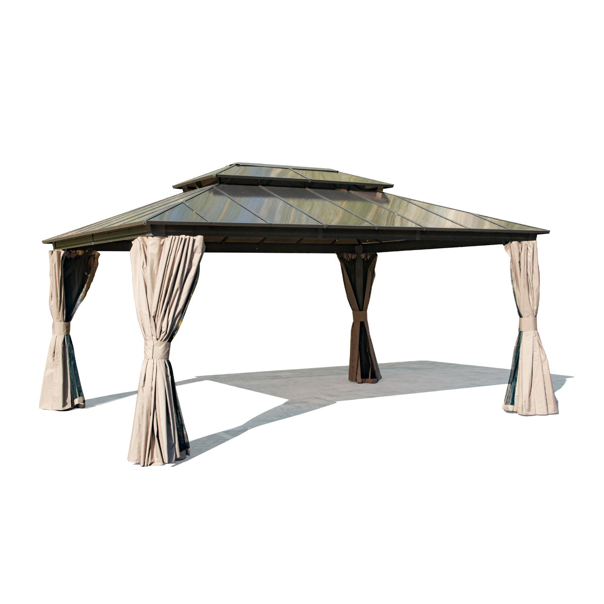 12x16 ft Brown Aluminum Double Roof Hardtop Gazebo with Curtains
