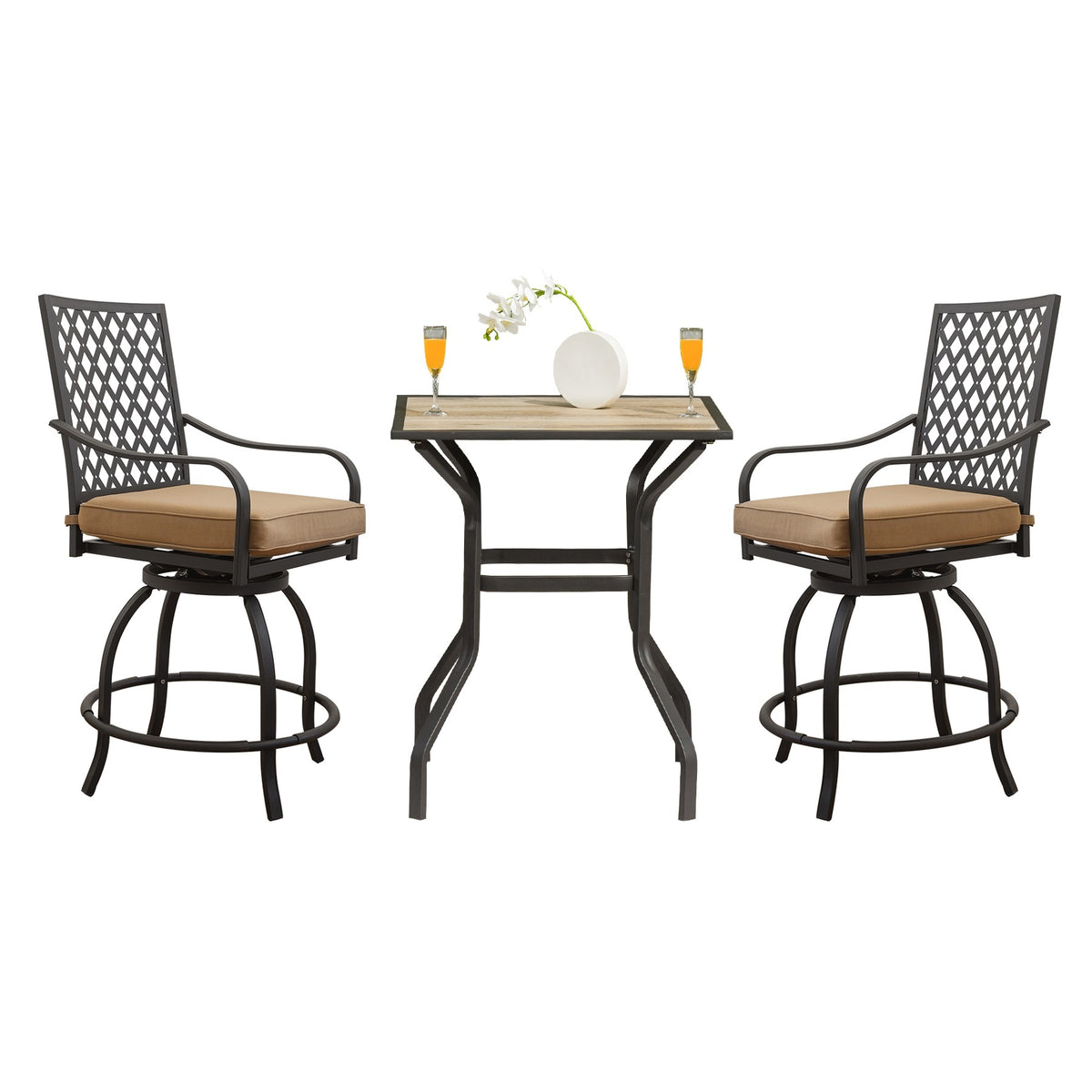 Khaki Metal 3-Piece Outdoor Bar Set with Cushions