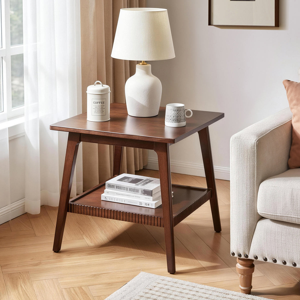 Walnut Solid Wood Mid-Century Side Table with Fluted Shelf, 23.6 in