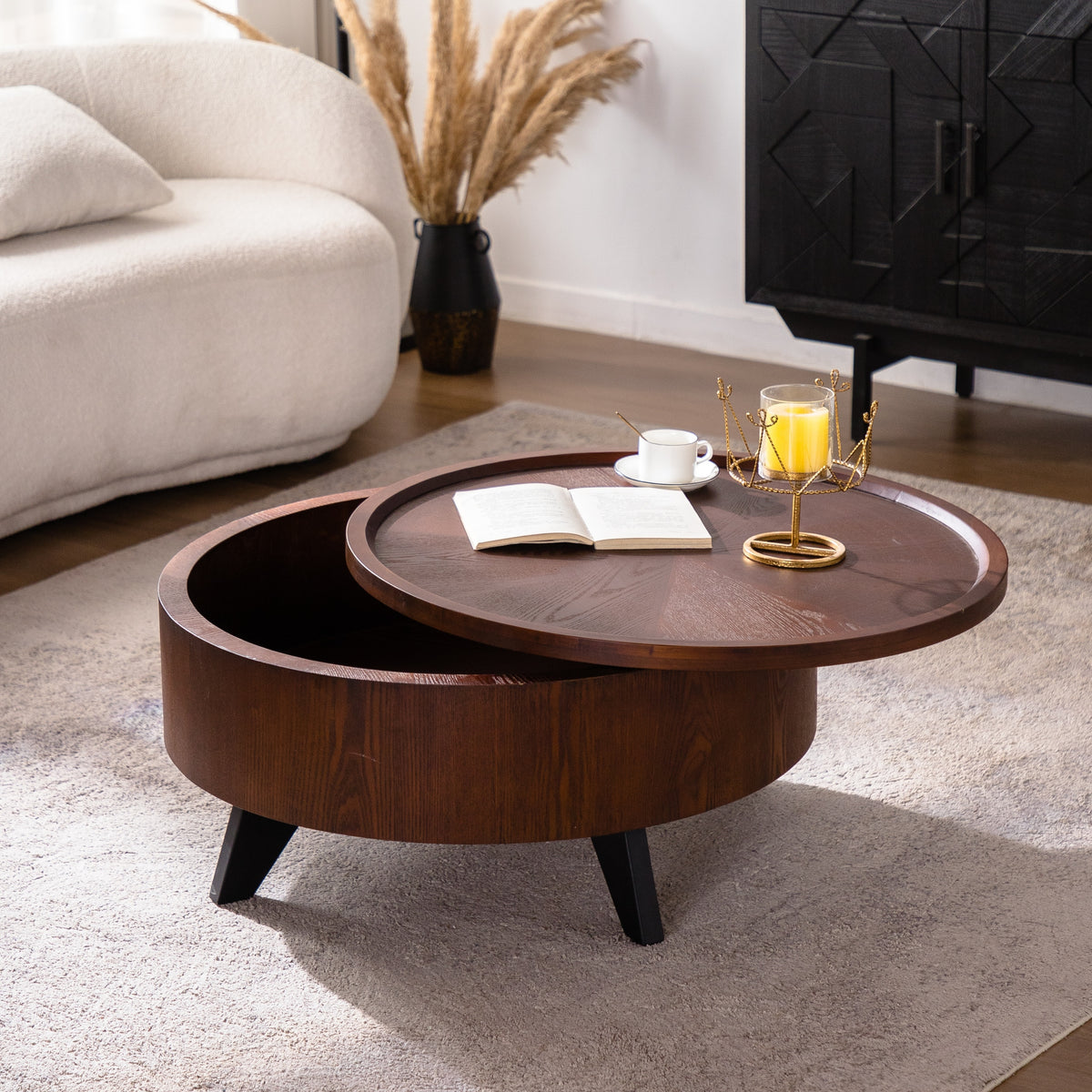 Walnut Mid-Century Round Drum Coffee Table with Storage, 30.7 in