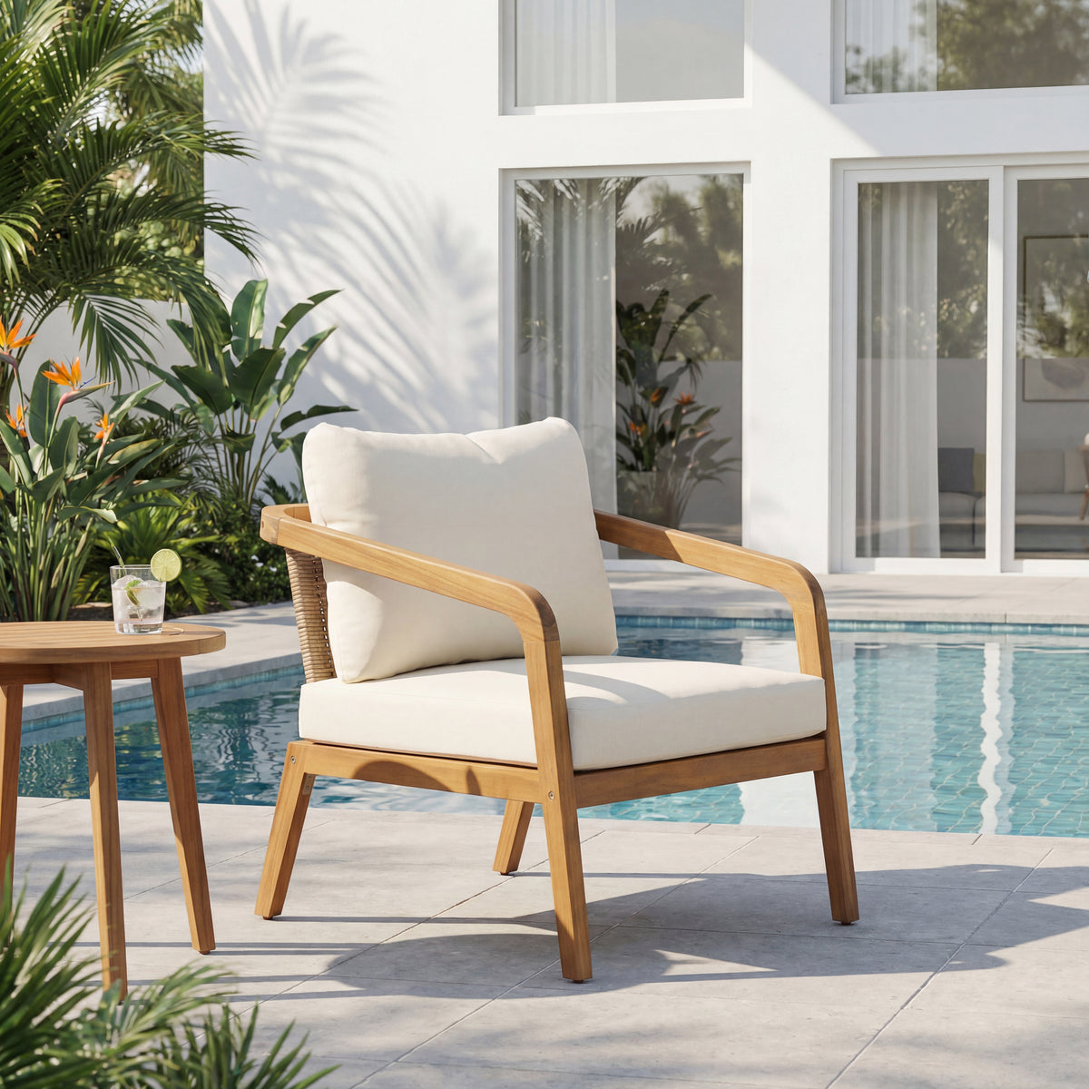 Teak Finish Solid Wood Outdoor Lounge Chair with Cream Cushions, 31.9 in Tall