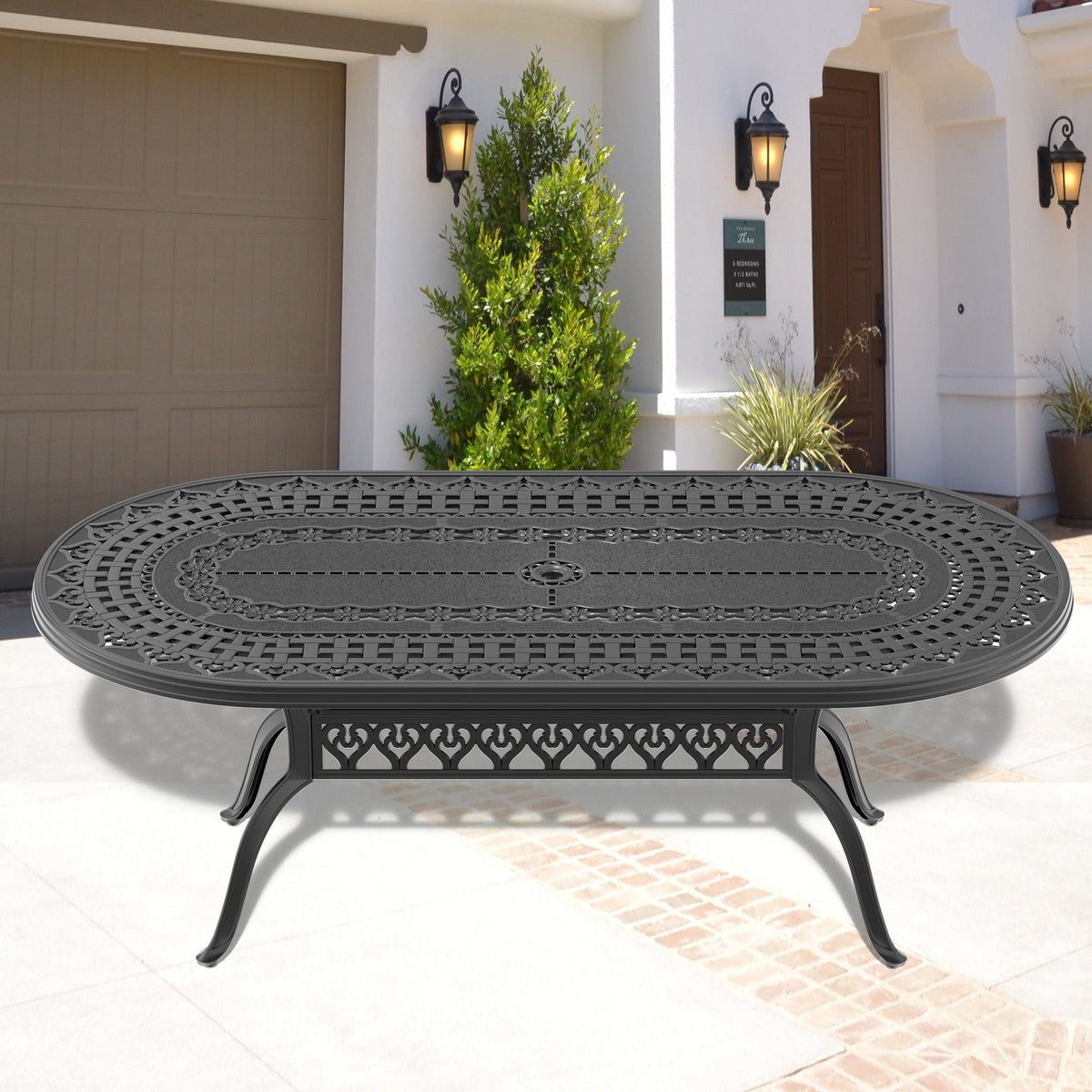 Black Aluminum Oval Outdoor Dining Table with Umbrella Hole, 81.9 in Wide