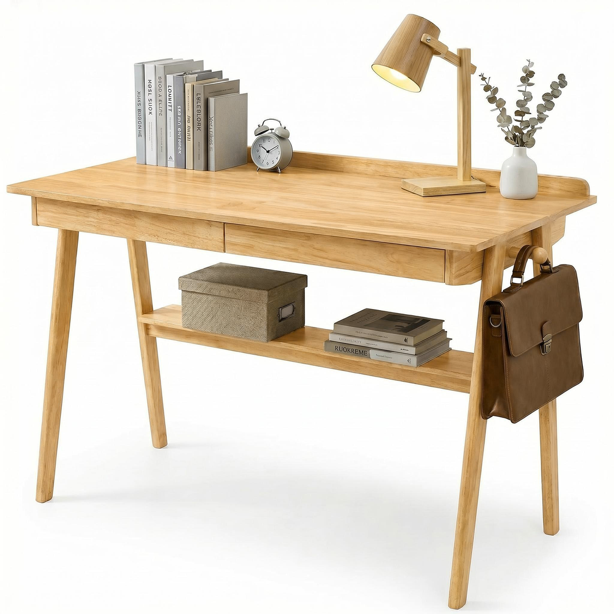 Mid-Century Solid Wood Desk, 2 Drawers, 47.2 in, 29.5 in Tall