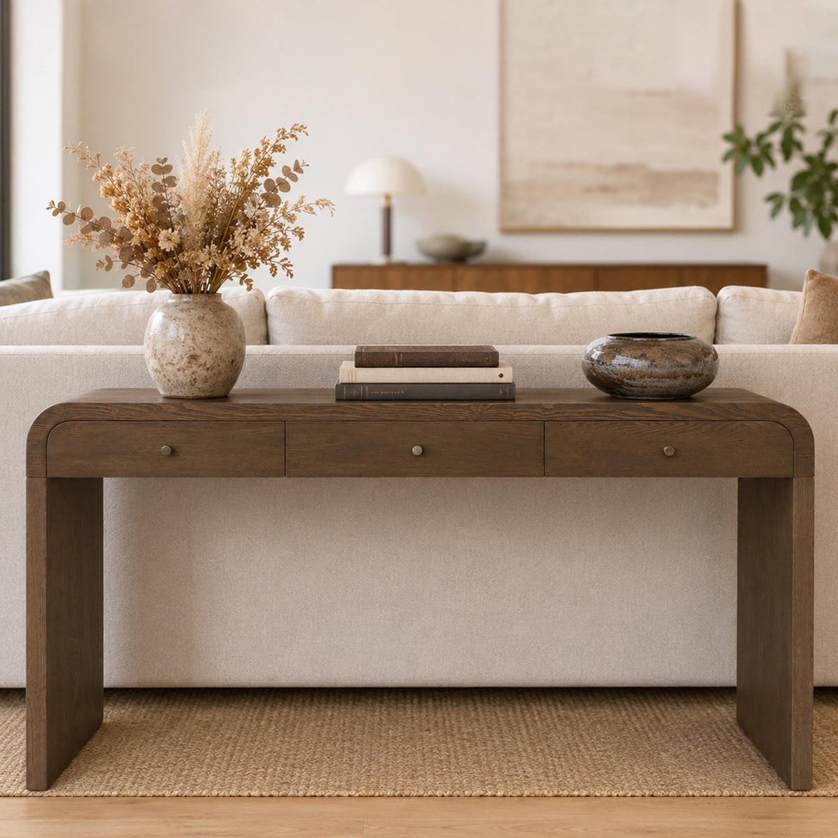 Brown Entryway Console Table, 3 Drawers, 59 in Wide