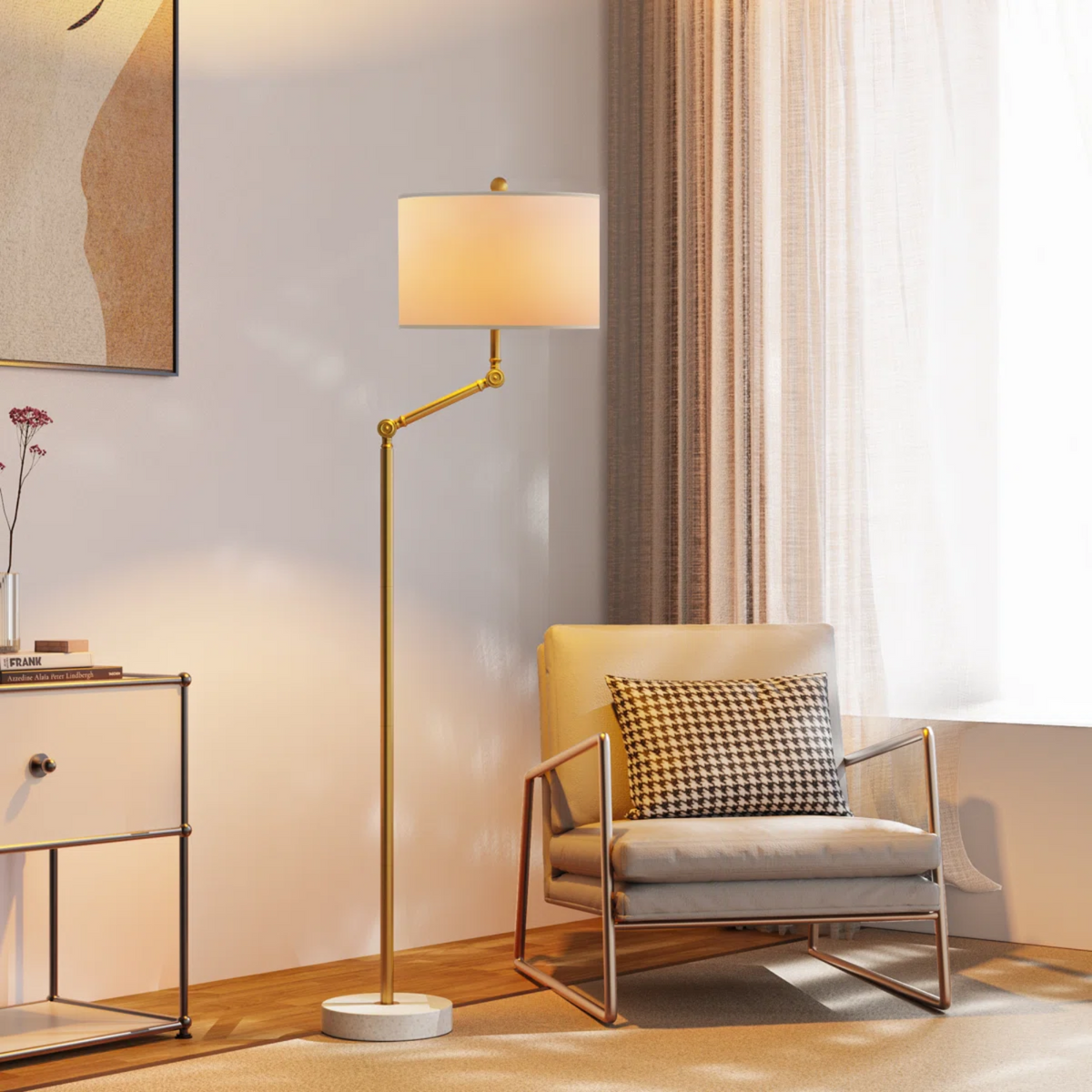 Floor Lamp, Dimmable Fabric Shade, Gold Metal Finish