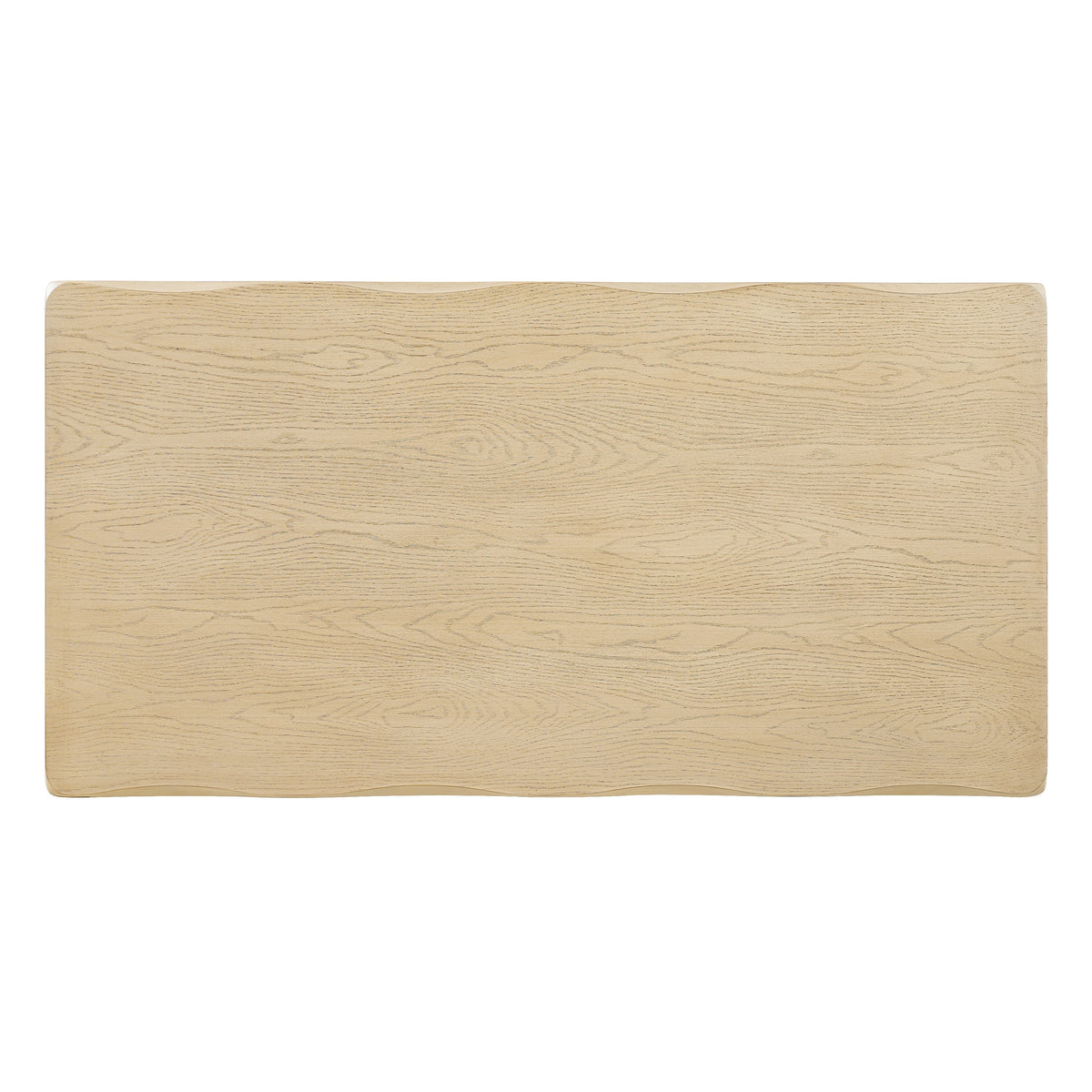 Overhead view of the natural oak tabletop showing wood grain and scalloped edge