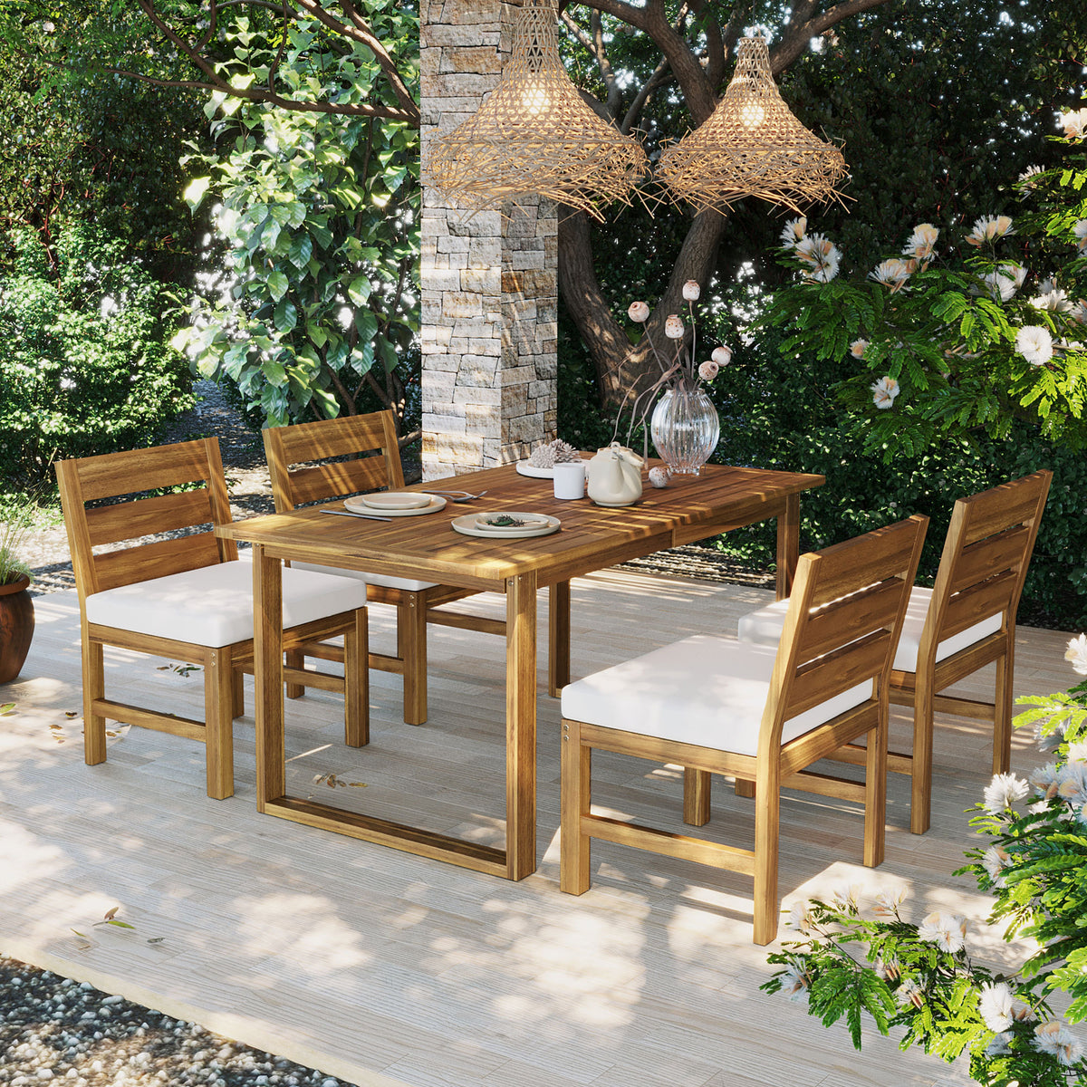 Natural Solid Wood 5-Piece Patio Dining Set for 4 with Cushions
