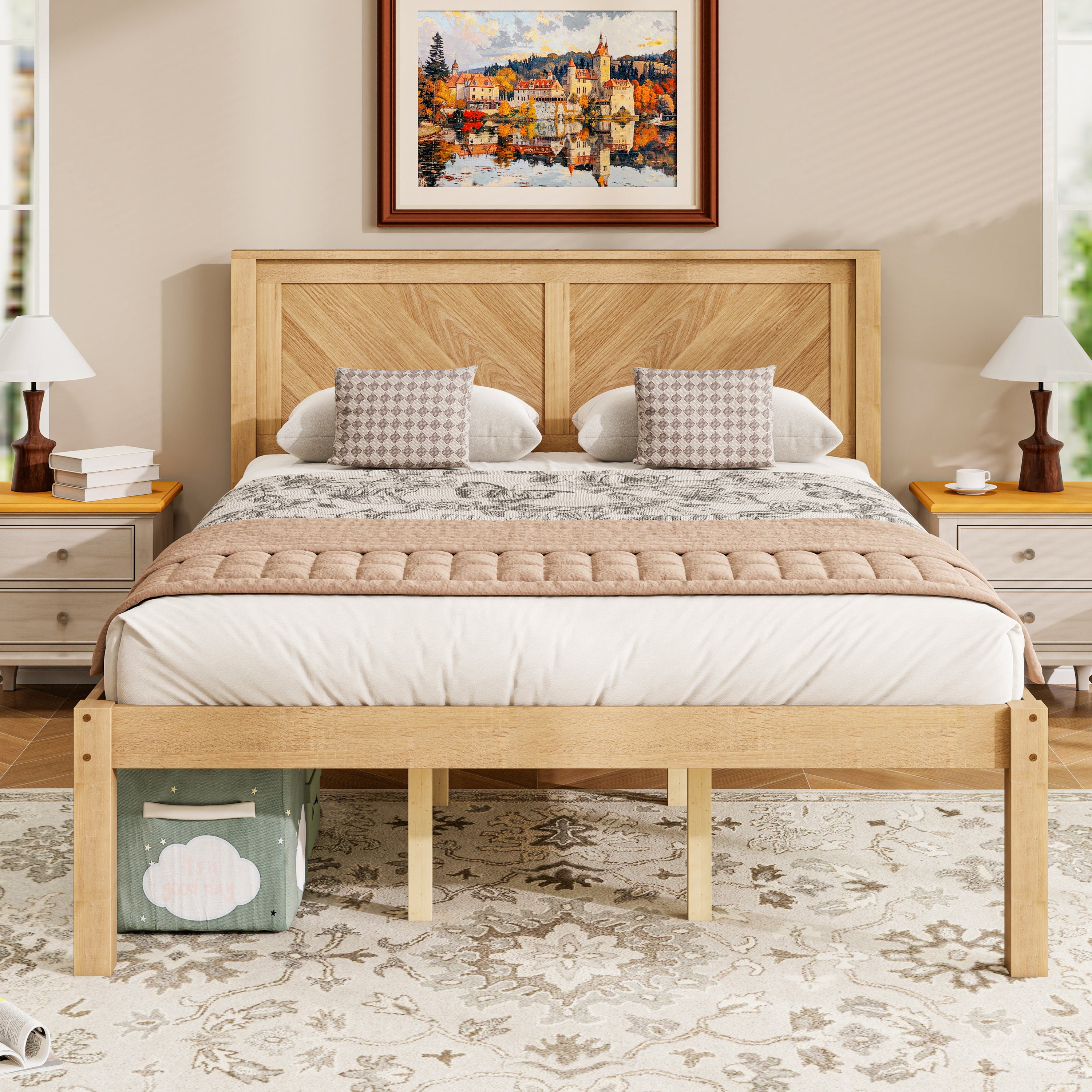 Natural oak queen platform bed frame with a herringbone chevron wood headboard, made up with neutral bedding