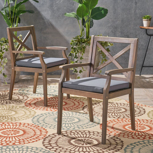 Gray Solid Wood Outdoor Dining Chair with Cushions, Set of 2, 35.5 in Tall