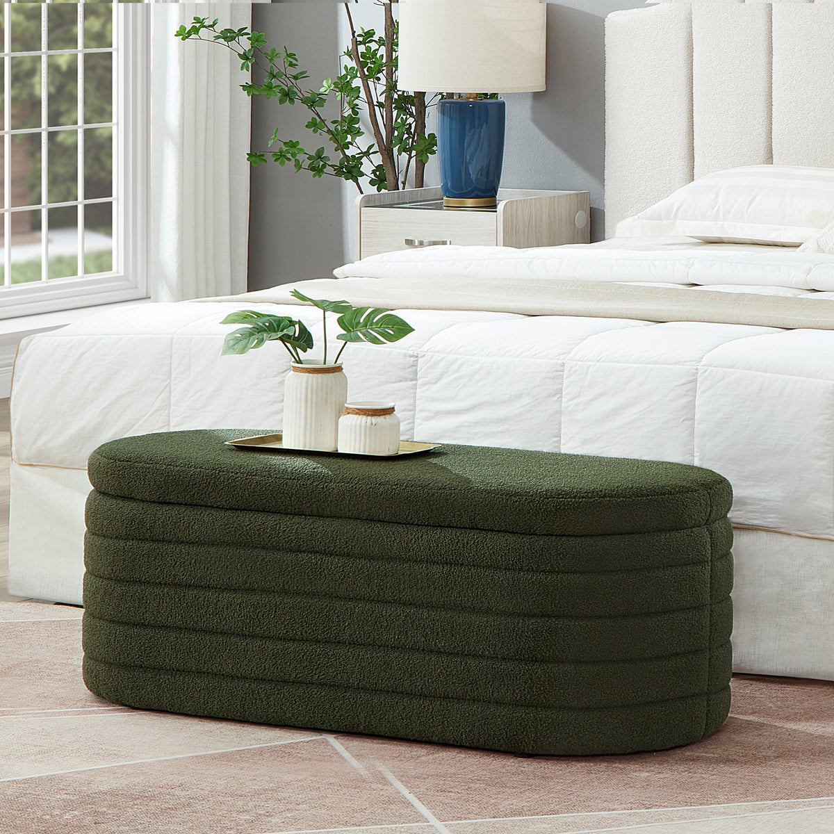 Storage Bench Oval, Dark Green Teddy Boucle with Hinged Lid