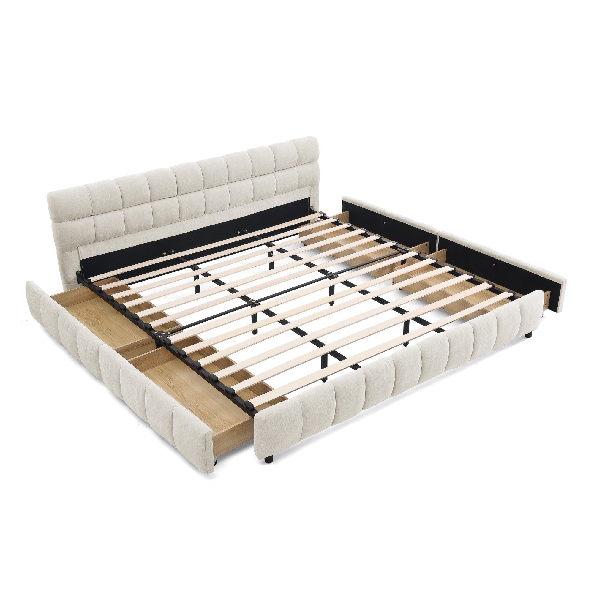 King bed frame with beige chenille upholstery and open storage drawers