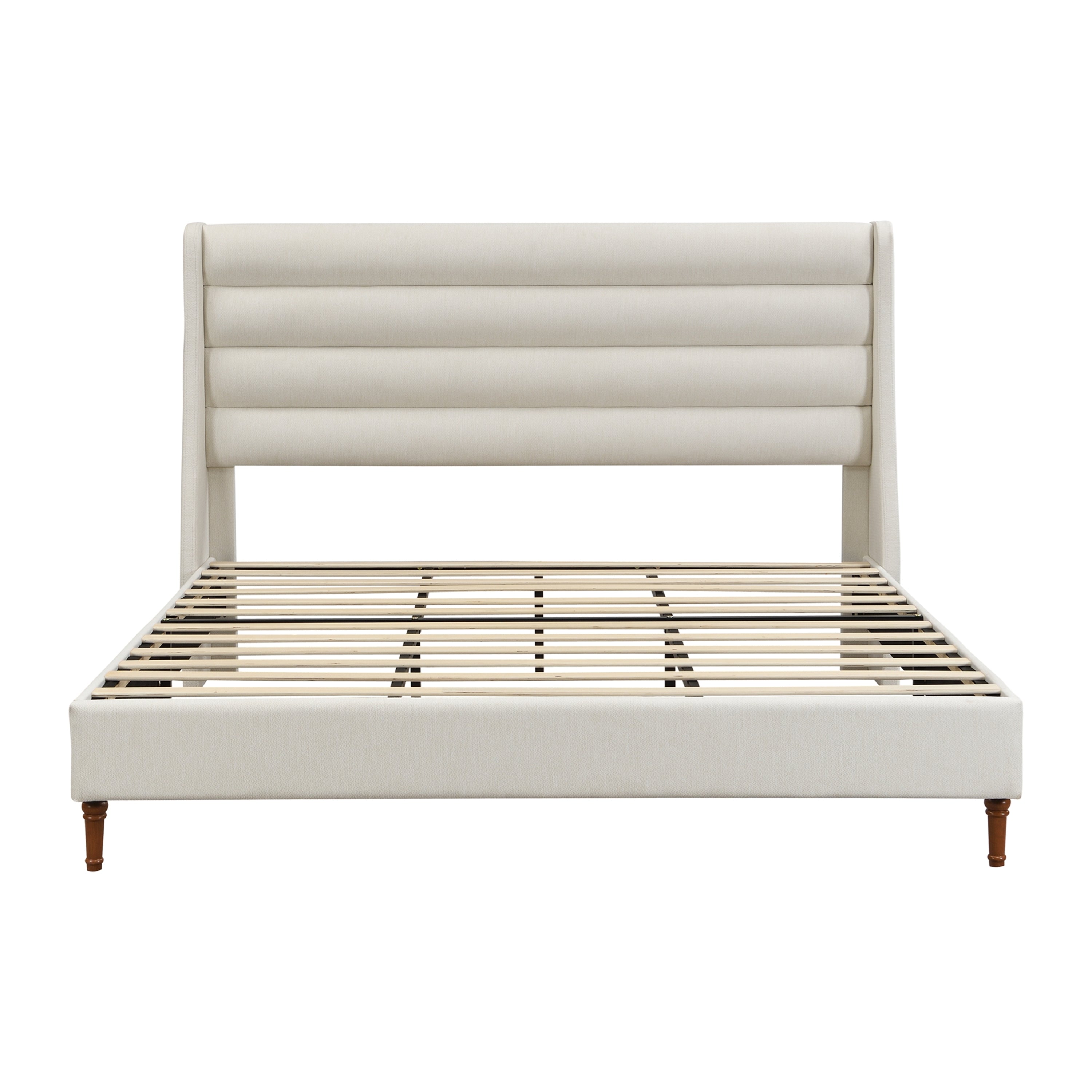 Ivory chenille king bed with wave-shaped headboard, bright bedroom