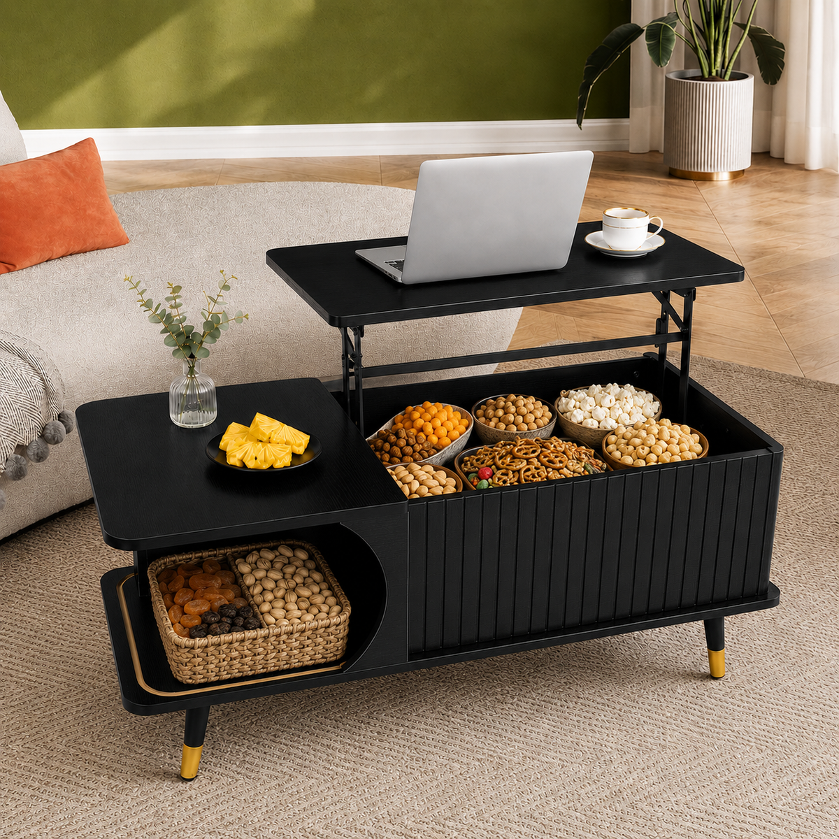 Black Mid-Century Fluted Lift-Top Coffee Table with Storage, 39.4 in
