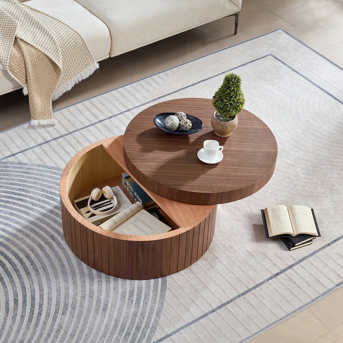 Walnut Fluted Round Drum Coffee Table with Storage, 31.5 in
