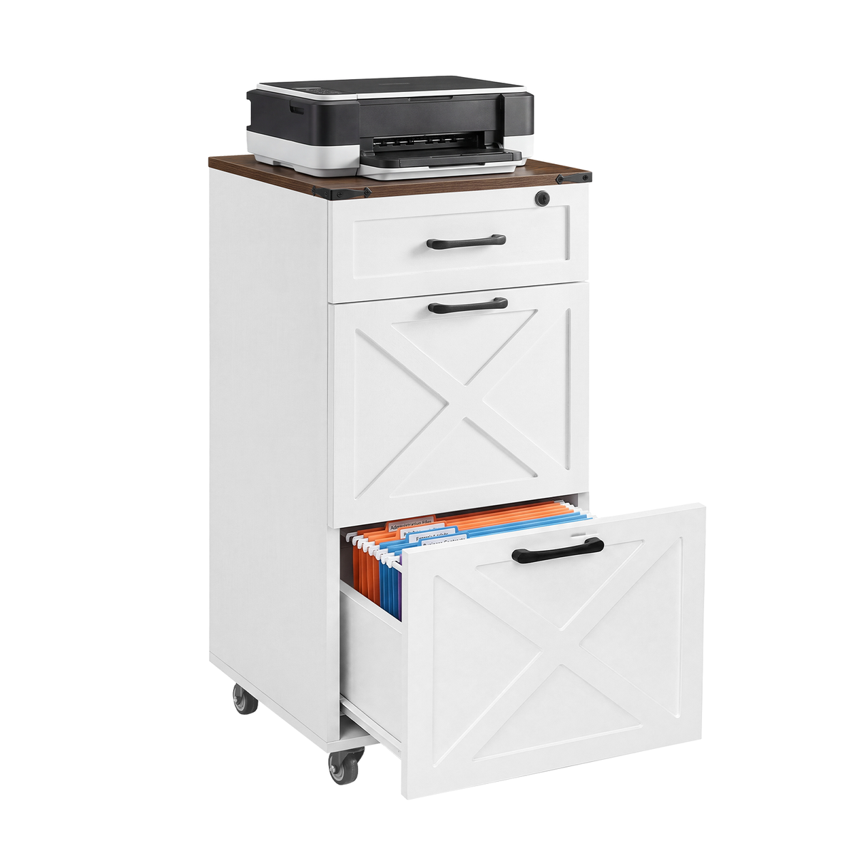Farmhouse Printer Stand, 3 Drawers, Locking, 31.9 in Tall, White