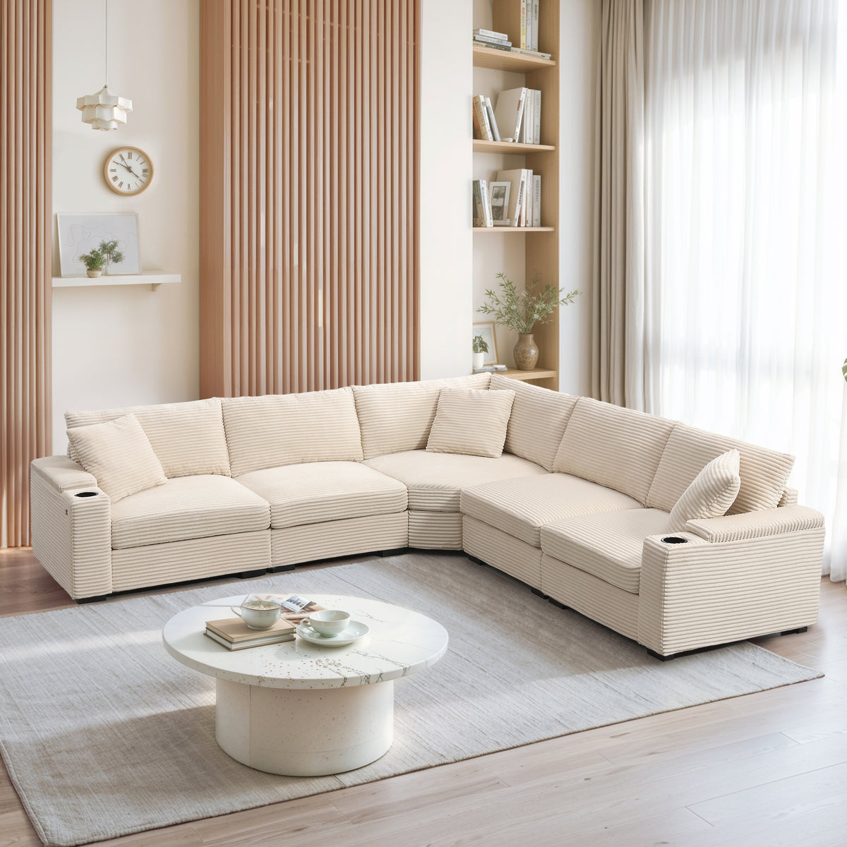 Beige Corduroy L-Shaped Modular Sectional Couch, 104 in Wide