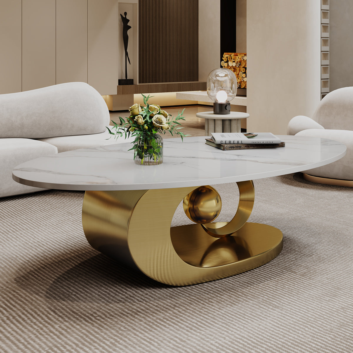 White and Gold Gray-Veined Sintered Stone Oval Coffee Table, 49.2 in