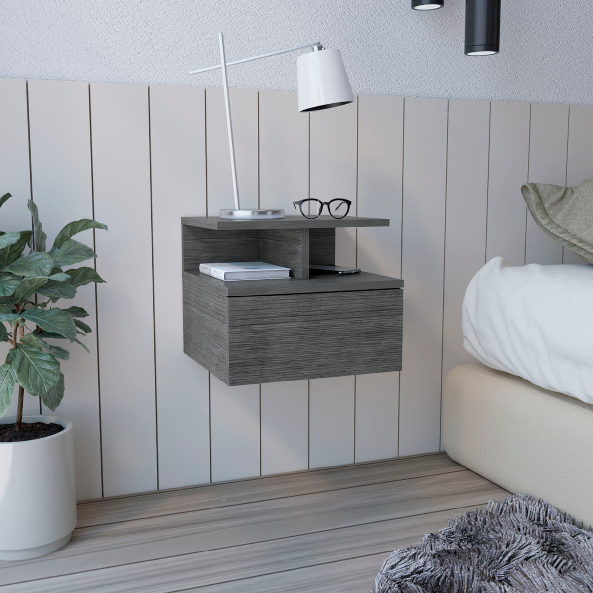 Wall Mounted Floating Nightstand with Drawer, Brown