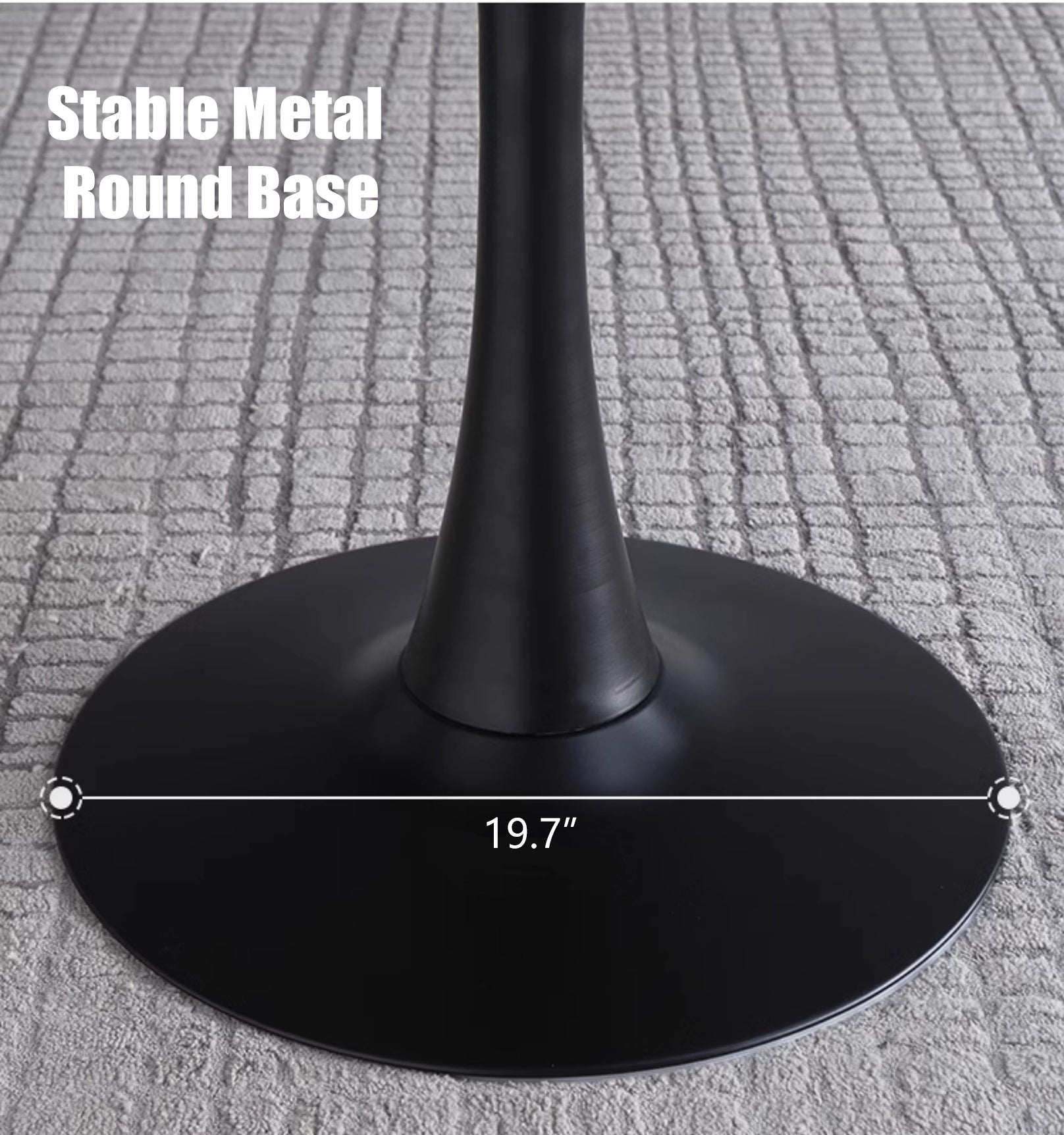 Close-up of the black metal round base on gray rug, base diameter labeled 19.7 inches