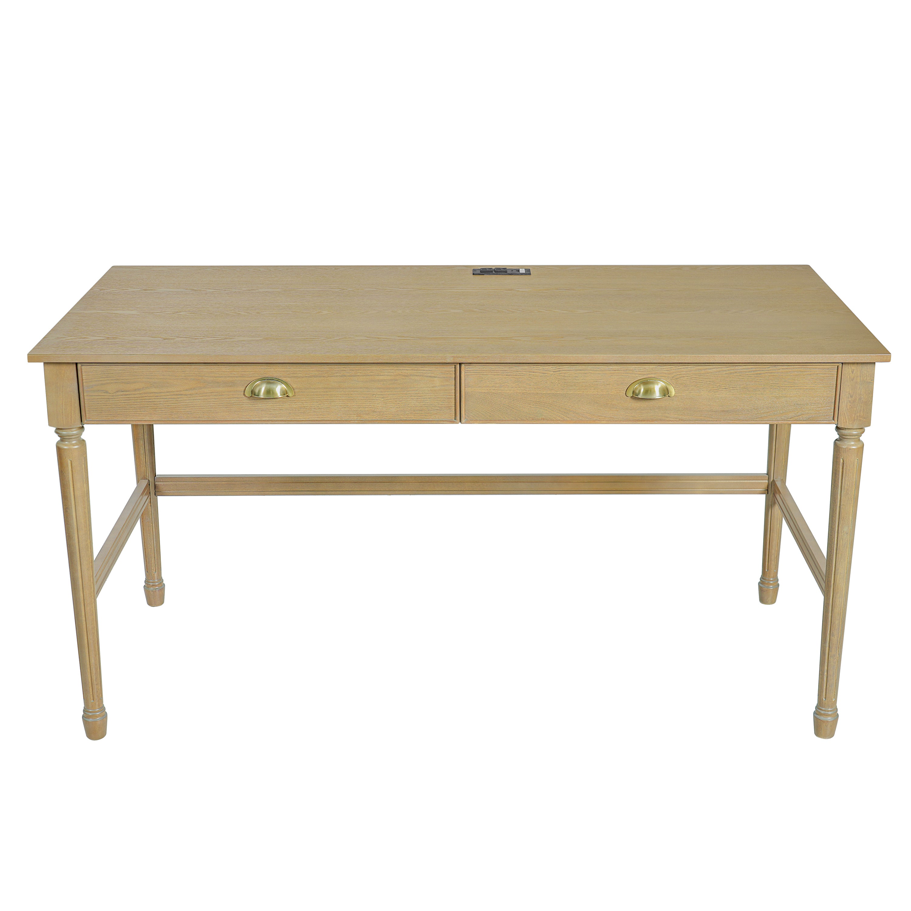Modern Solid Wood Writing Desk with Charging Station, 60 in, Natural