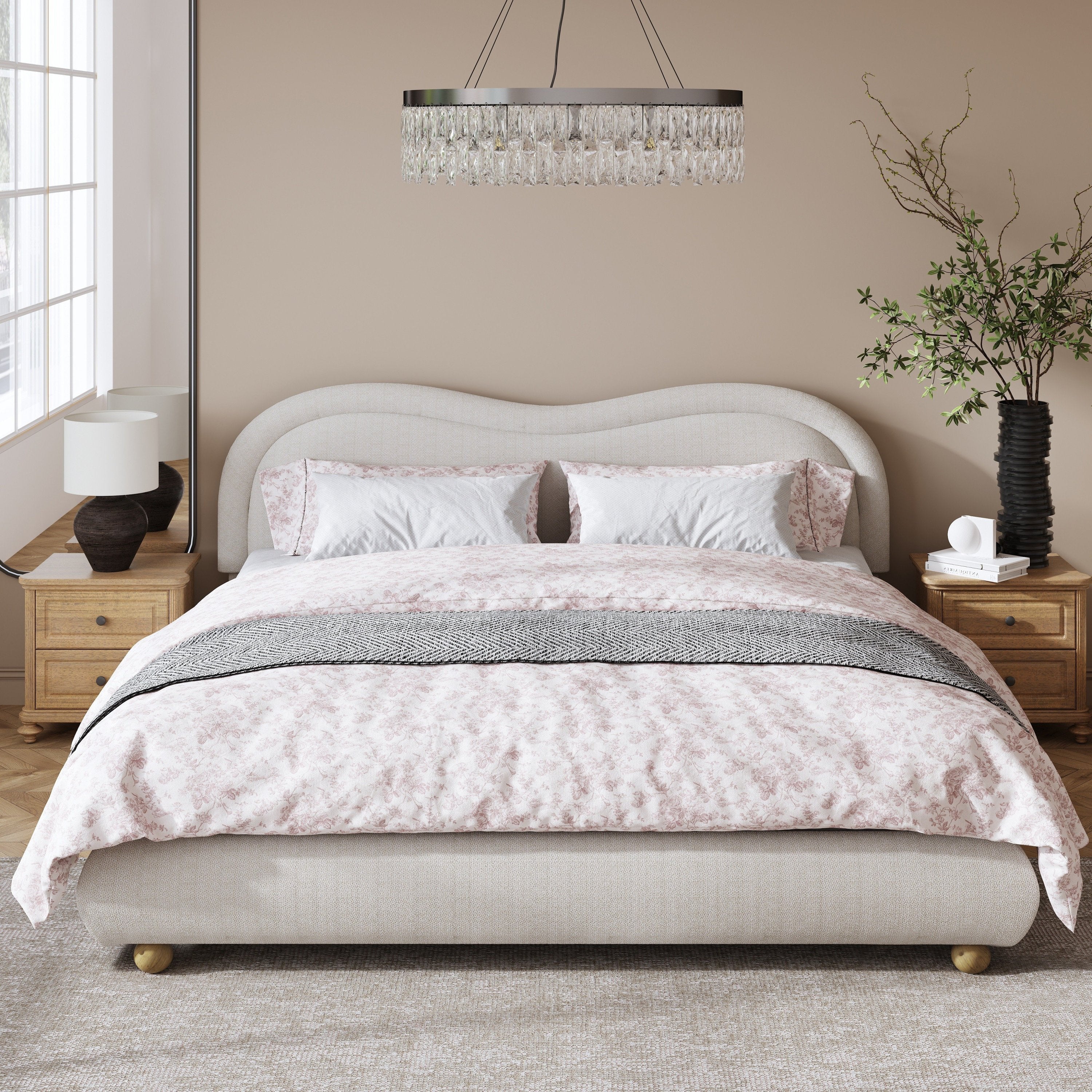 Front view of beige chenille platform bed with pink floral bedding and crystal chandelier #Color_Beige