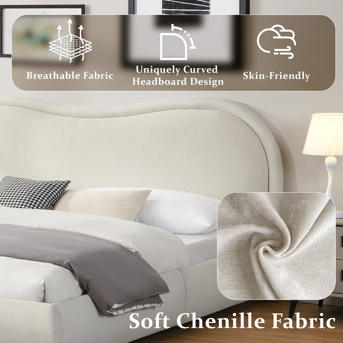 Close-up of the beige chenille curved headboard showing the soft woven fabric texture