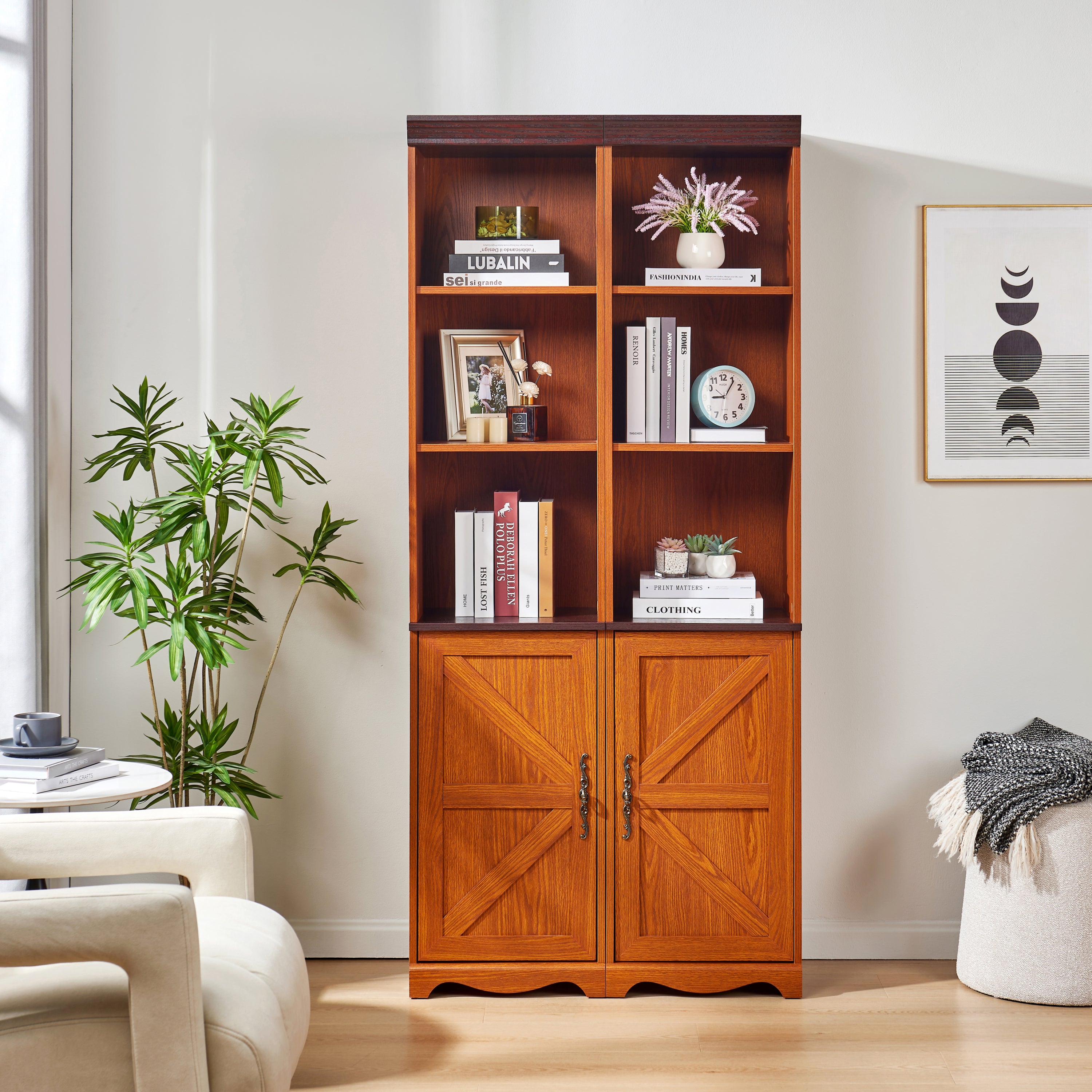 Farmhouse Metal Storage Cabinet, 70.9 in Tall, Oak