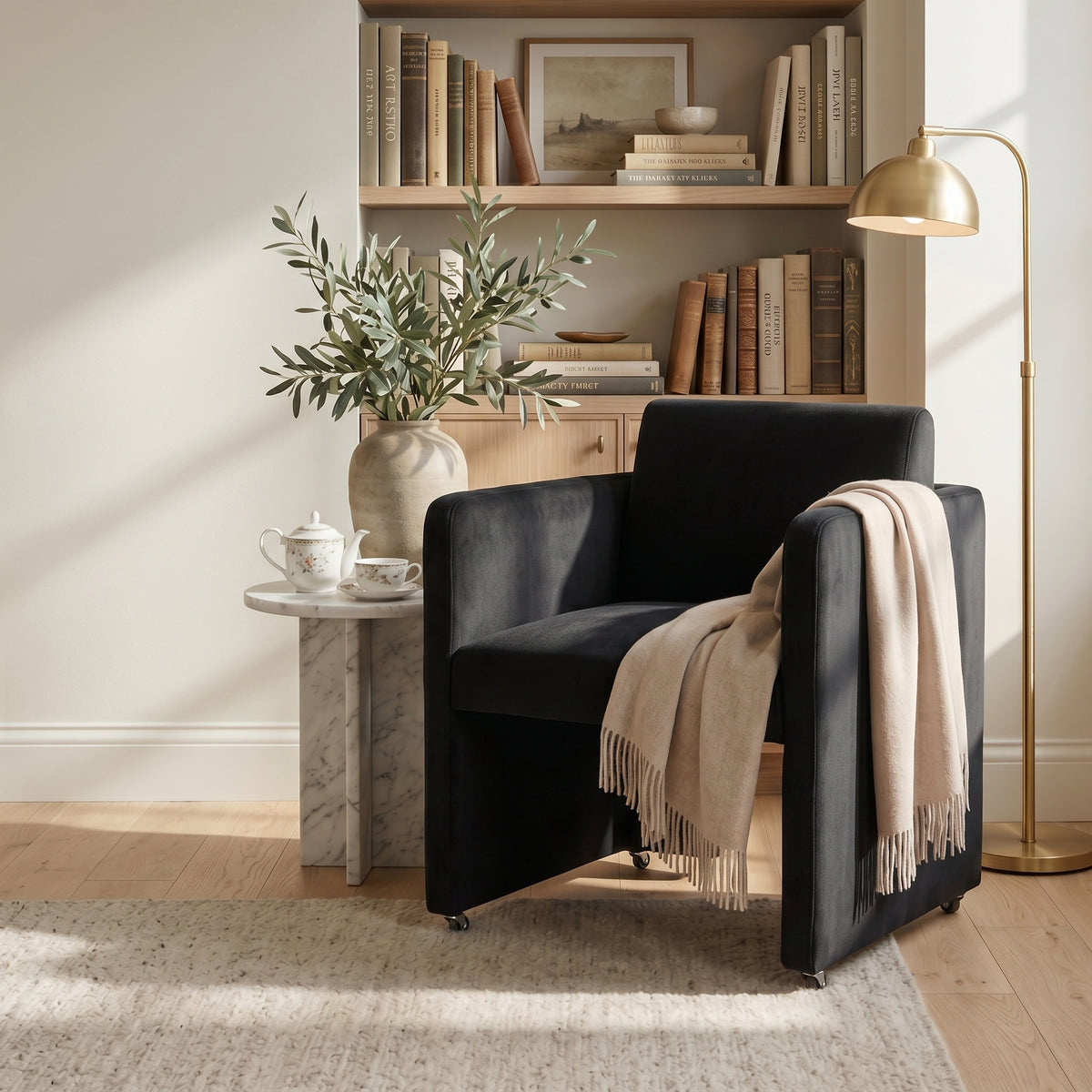 Barrel Dining Chair with Arms, Black Velvet on Casters