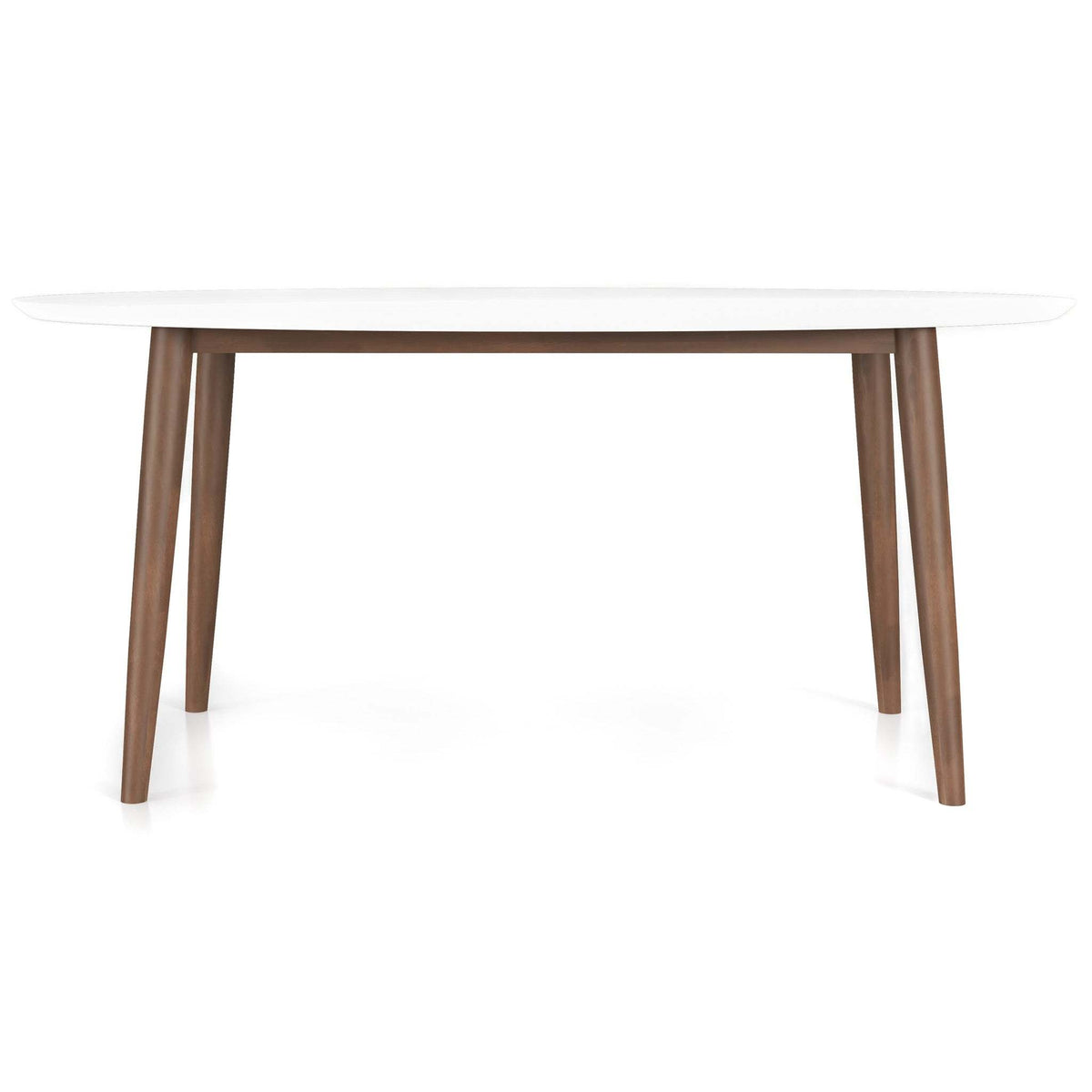 White-top oval dining table with walnut legs, three-quarter view from the opposite end on white background