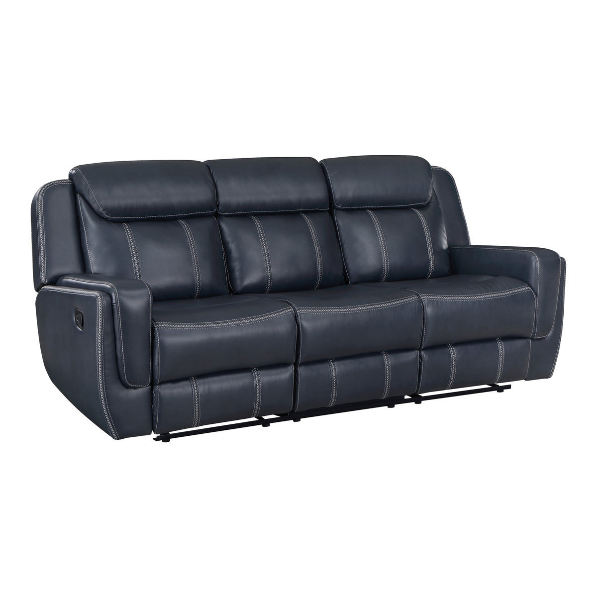 Blue Vegan Leather Reclining Sofa, USB Charging, 86 in Wide