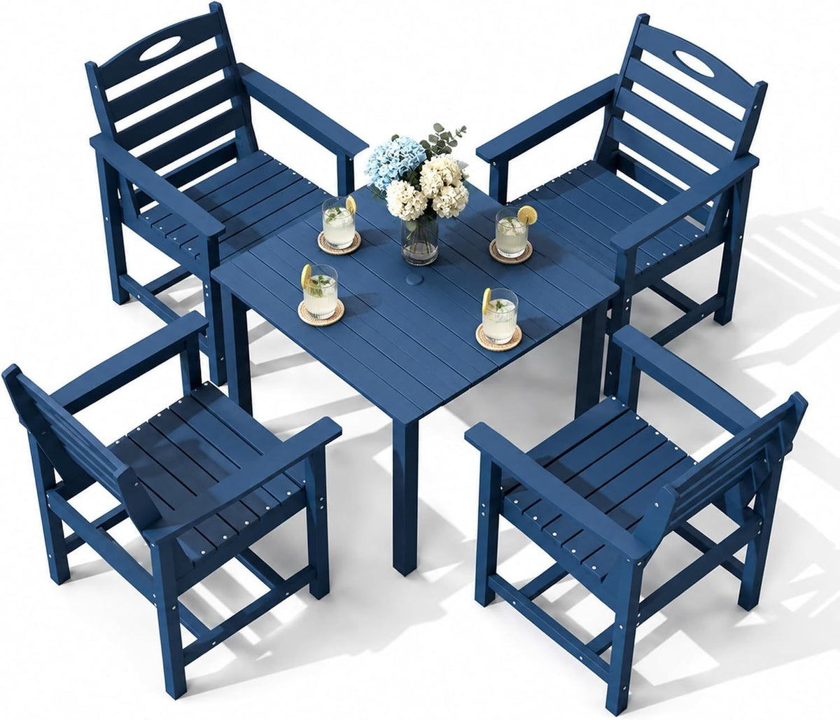 Blue HDPE 5-Piece Patio Dining Set with Umbrella Hole