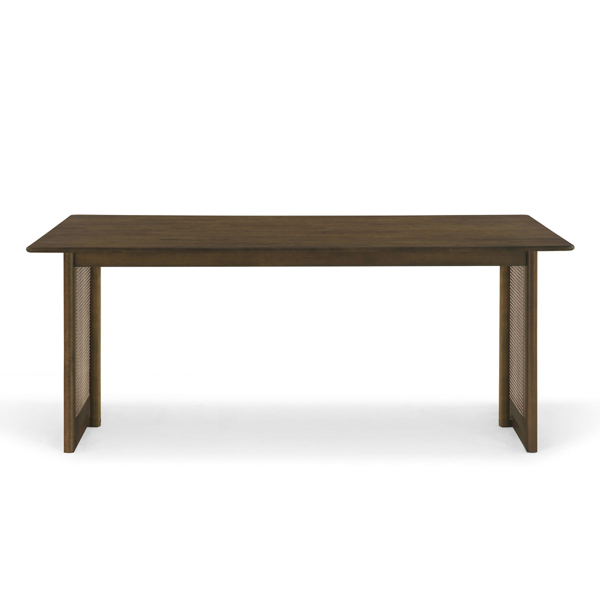 Front elevation of the walnut solid wood dining table with woven cane panel legs, white background