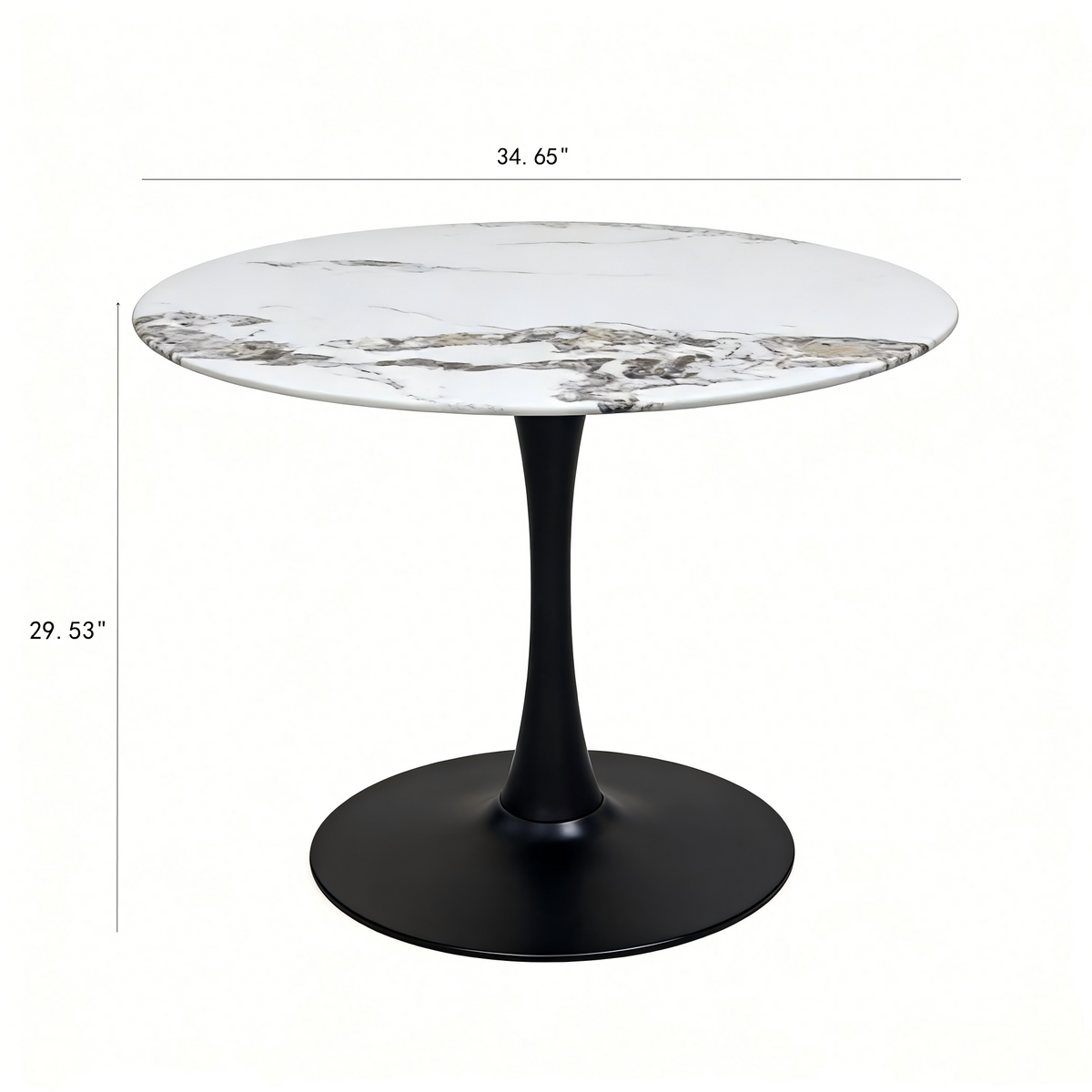 Dimension diagram of the faux marble tulip table showing 34.65in top and 29.53in height