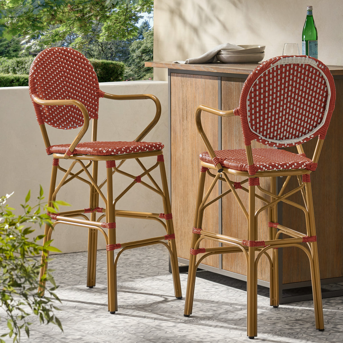 Red Wicker Outdoor Bar Stool, Set of 2, 29.5 in Seat Height