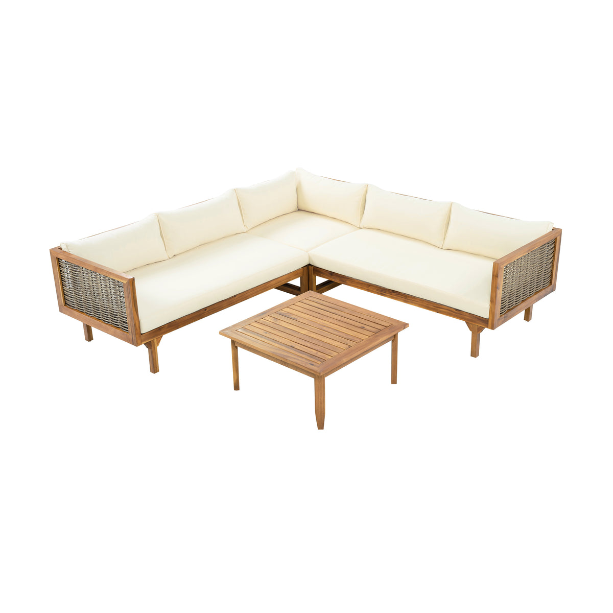 Teak Finish Solid Wood Outdoor Sofa Set with Beige Cushions