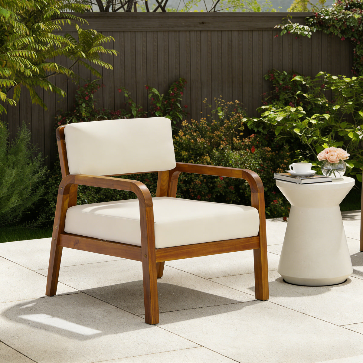 Teak Finish Solid Wood Outdoor Lounge Chair with Cushions