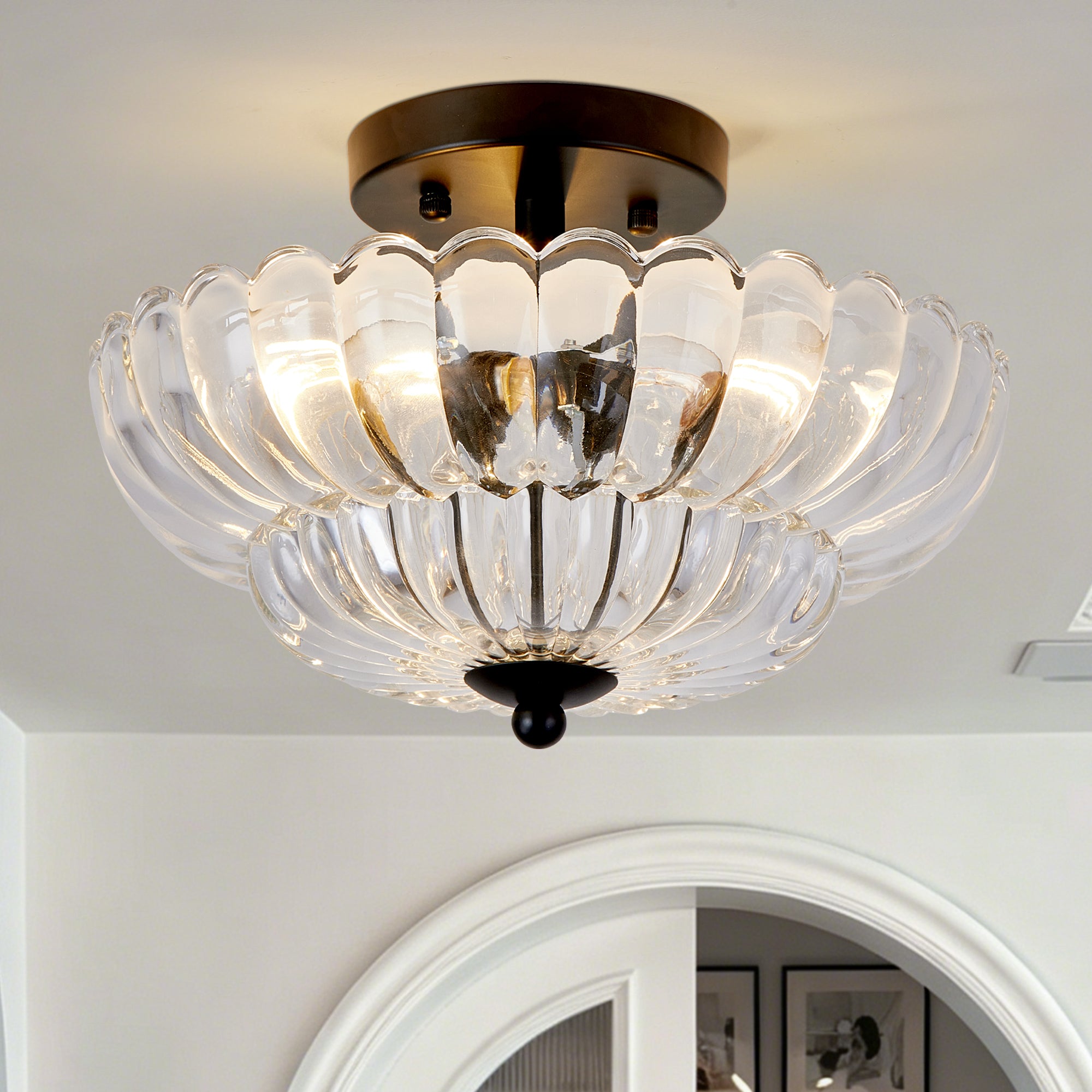 Semi-Flush Mount Light, 3-Light Iron Glass Shade, Clear and Black