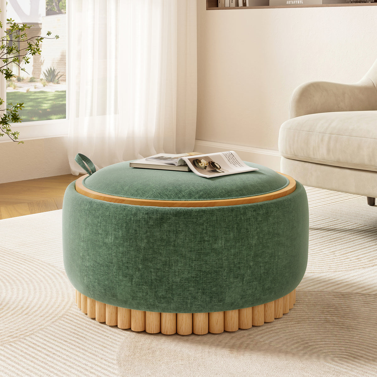 Green Chenille Round Storage Ottoman, Coffee Table, 29 in