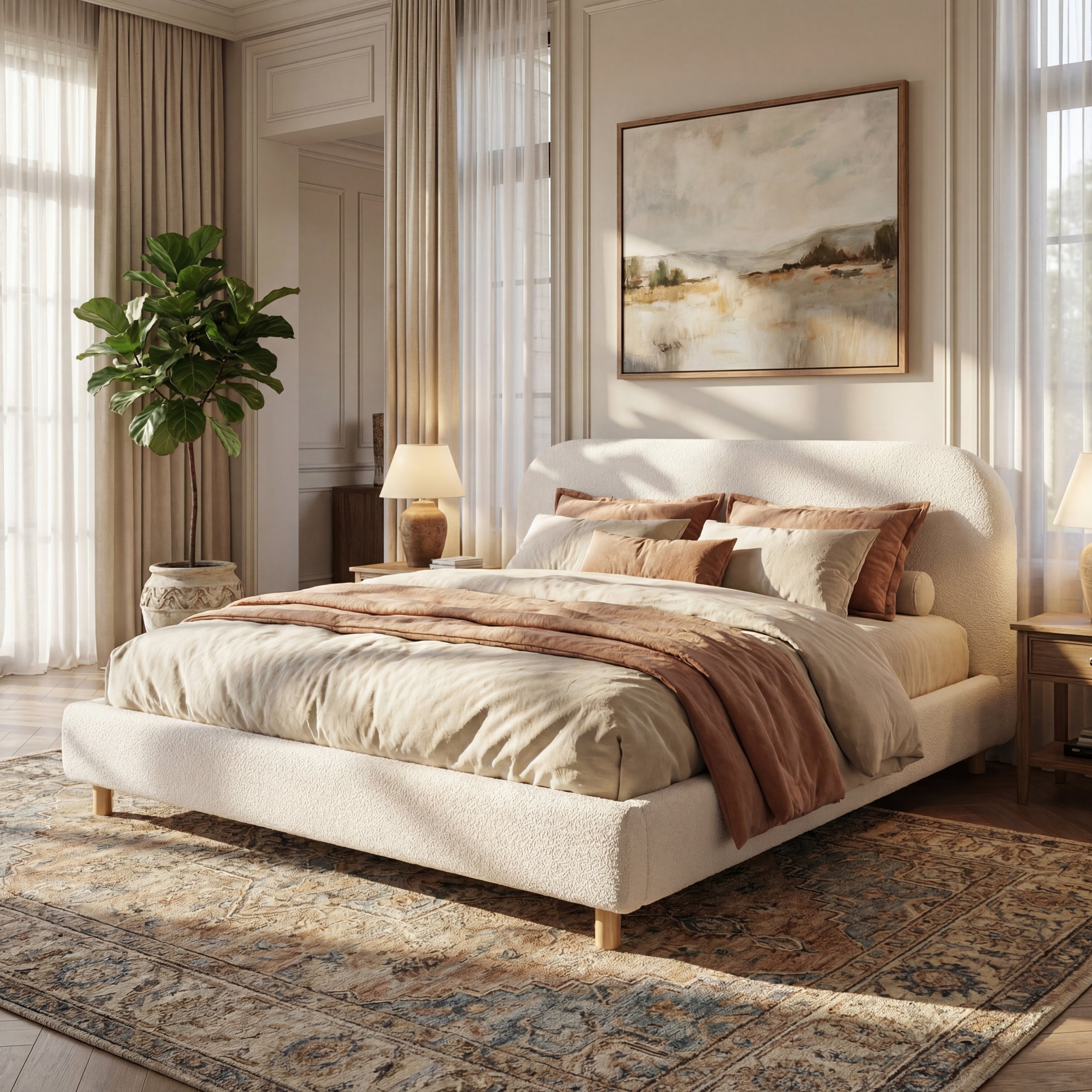 California King Boucle Upholstered Bed Frame, White