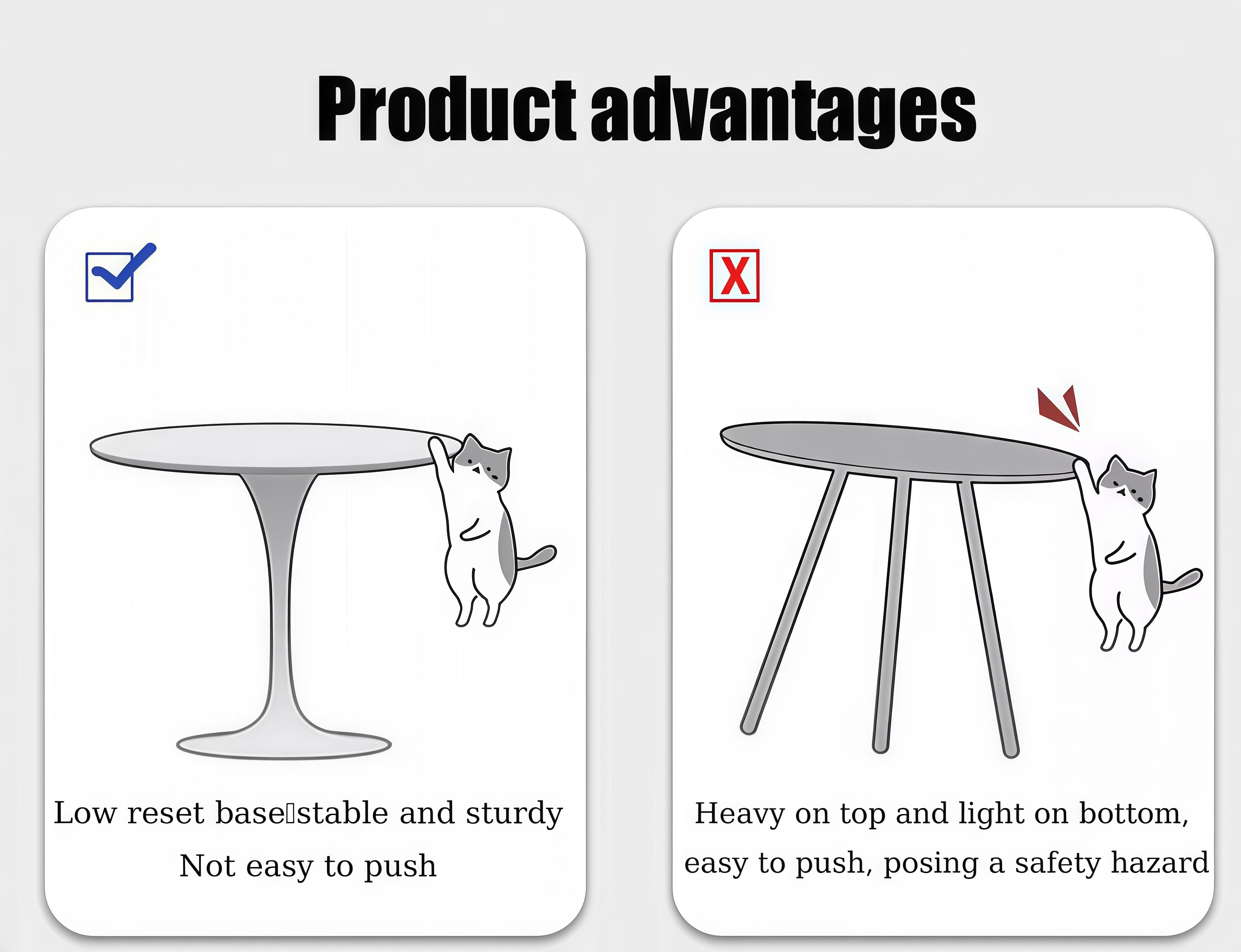 Feature graphic comparing the stable low pedestal base to a tippy three-leg table using cartoon cats
