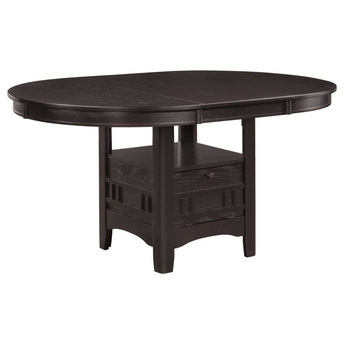 Espresso oval extension dining table with storage pedestal, three-quarter view on white studio background