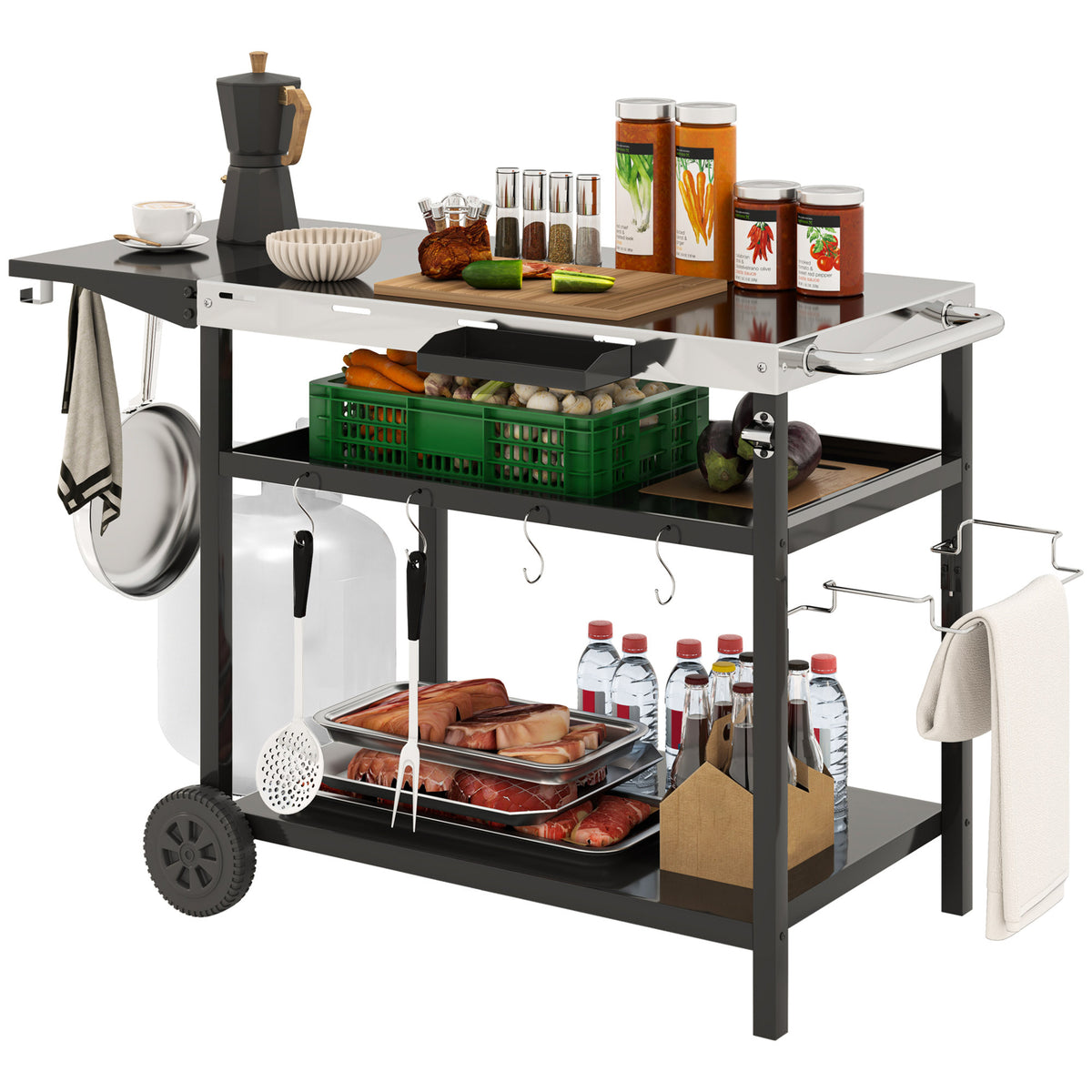 Black Metal Outdoor Bar Cart with Wheels