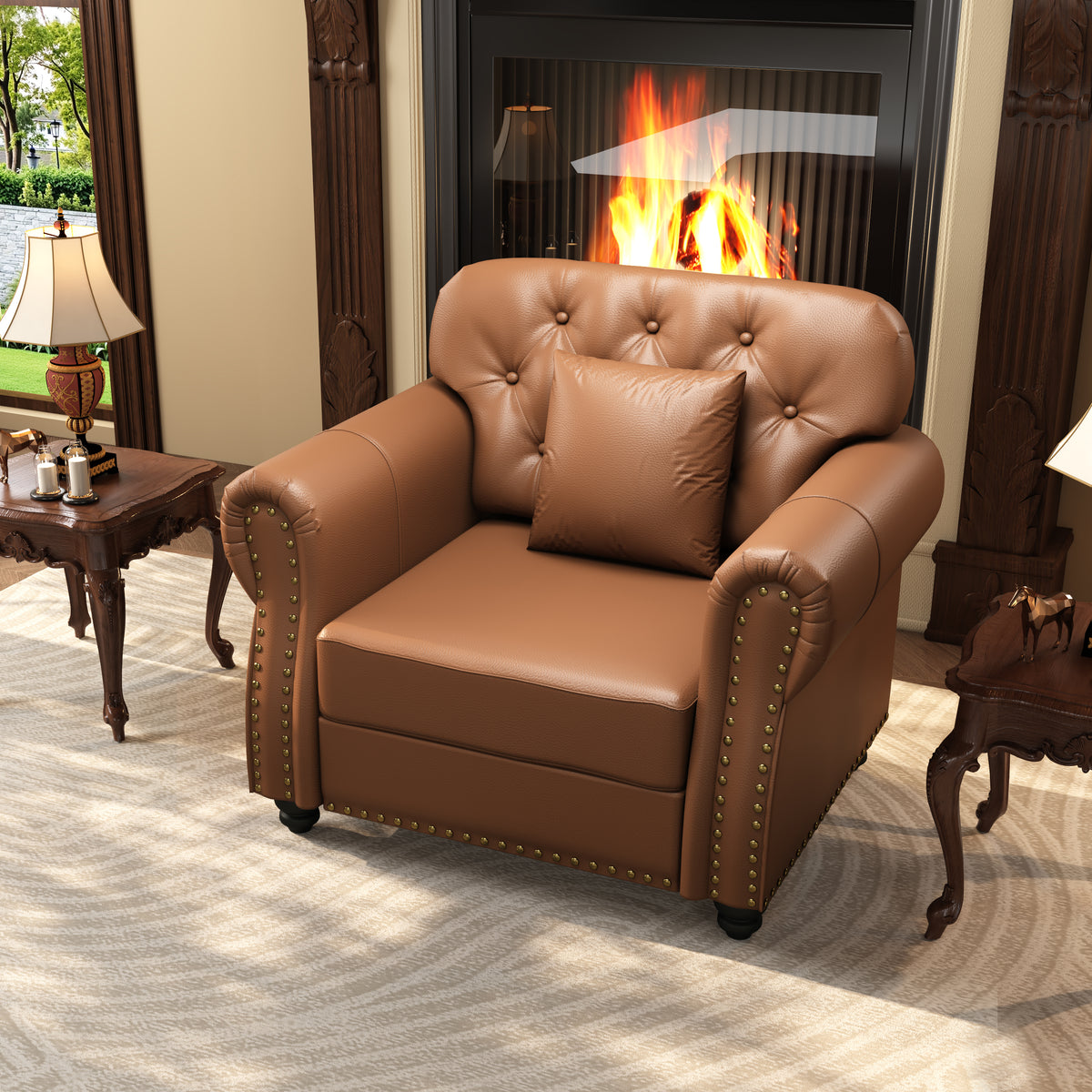 Brown Vegan Leather Chesterfield Sofa, 41.3 in Wide