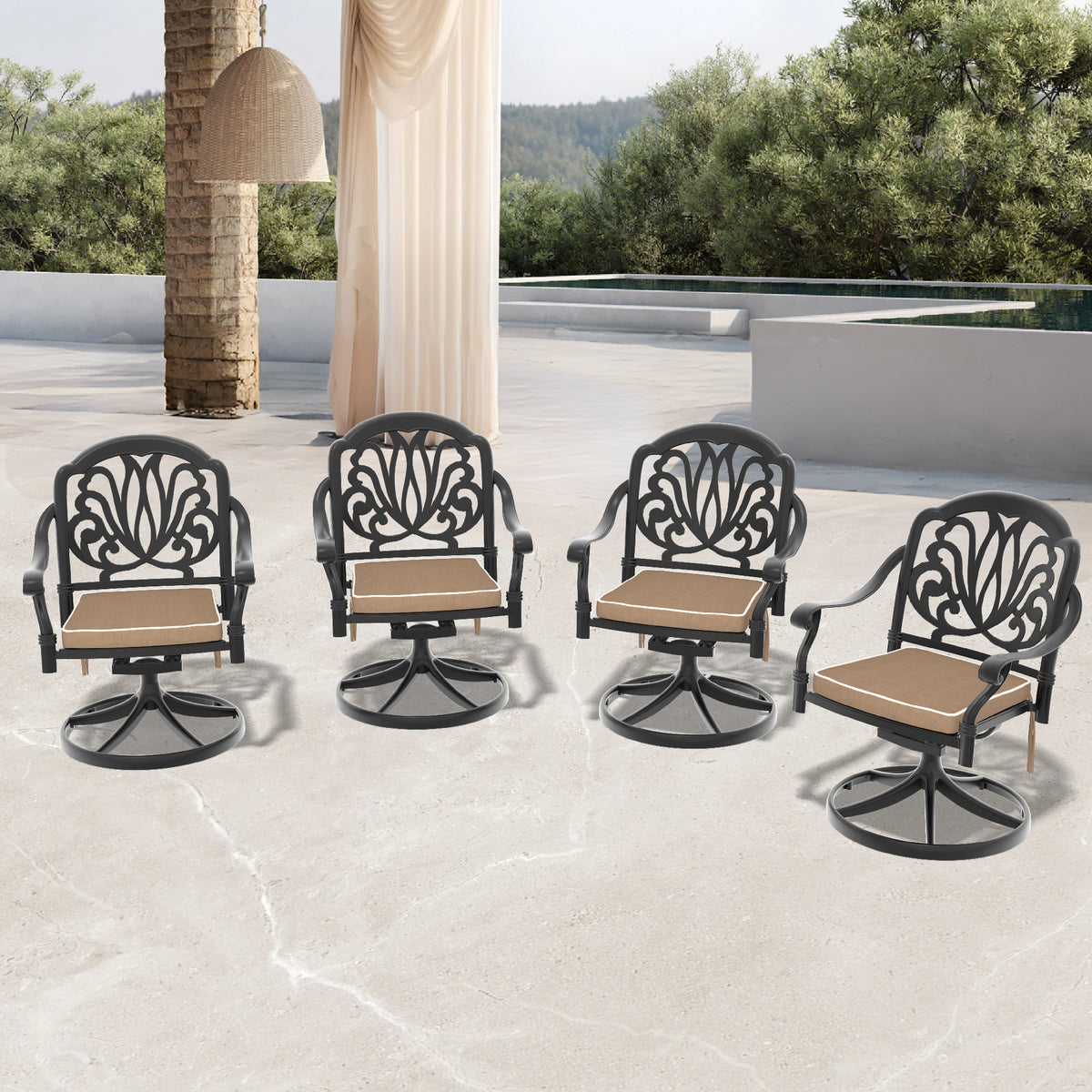 Black Aluminum Outdoor Swivel Chair with Brown Cushions, Set of 4