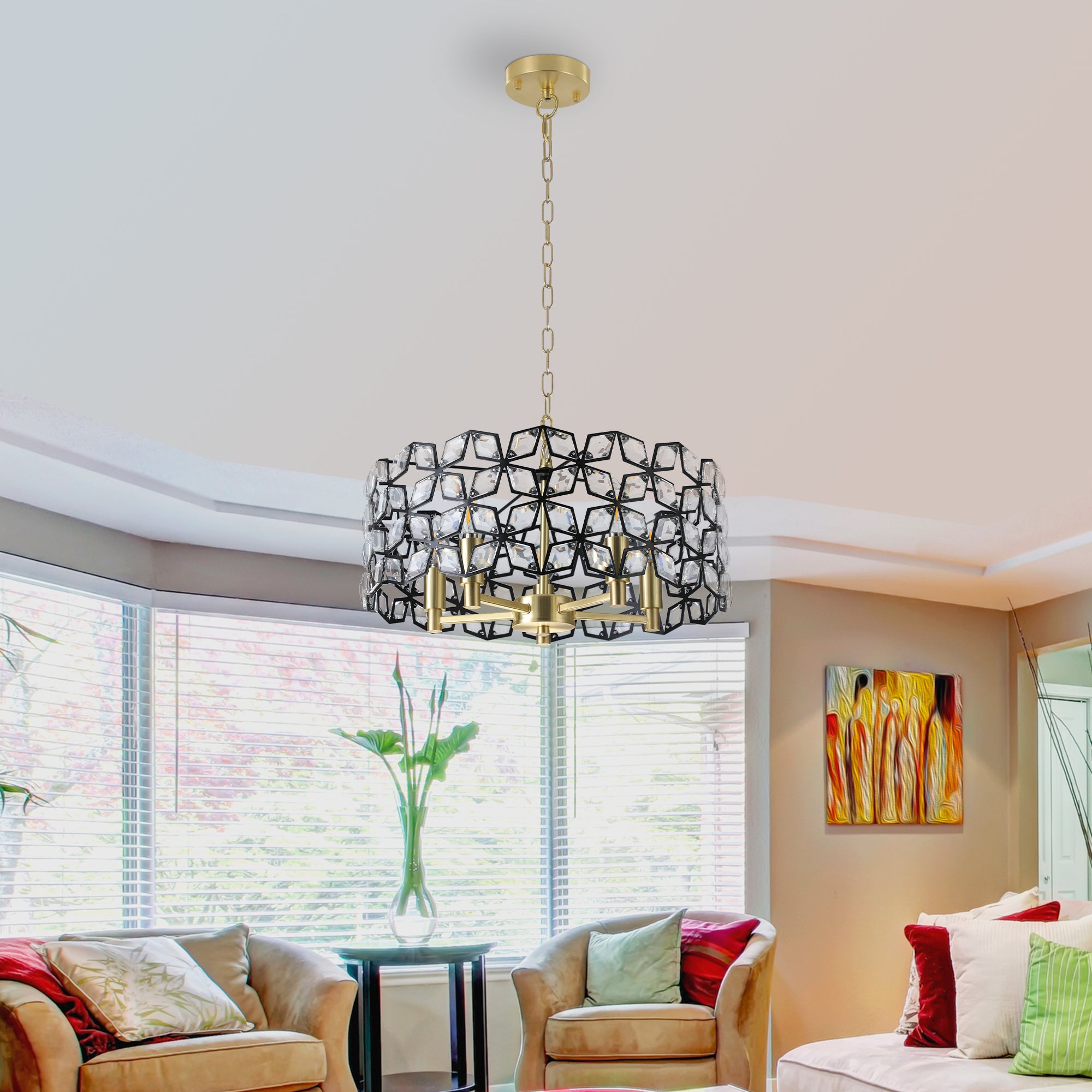 Black and Gold and Transparent Crystal 5-Light Chandelier, 19 in